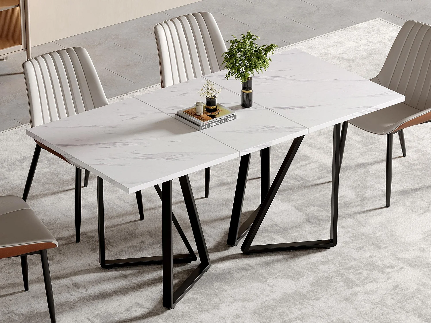 Stół jadalniany rozsuwany - blat imitujący marmur - dla 6-8 osób - biały+czarny