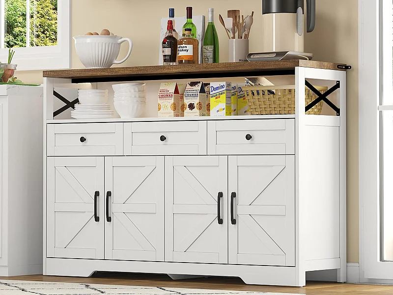 Buffet moderno 140×35×95 cm - com 4 portas e 3 gavetas - branco+natural