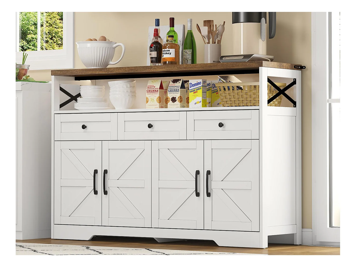 Buffet moderno 140×35×95 cm - com 4 portas e 3 gavetas - branco+natural