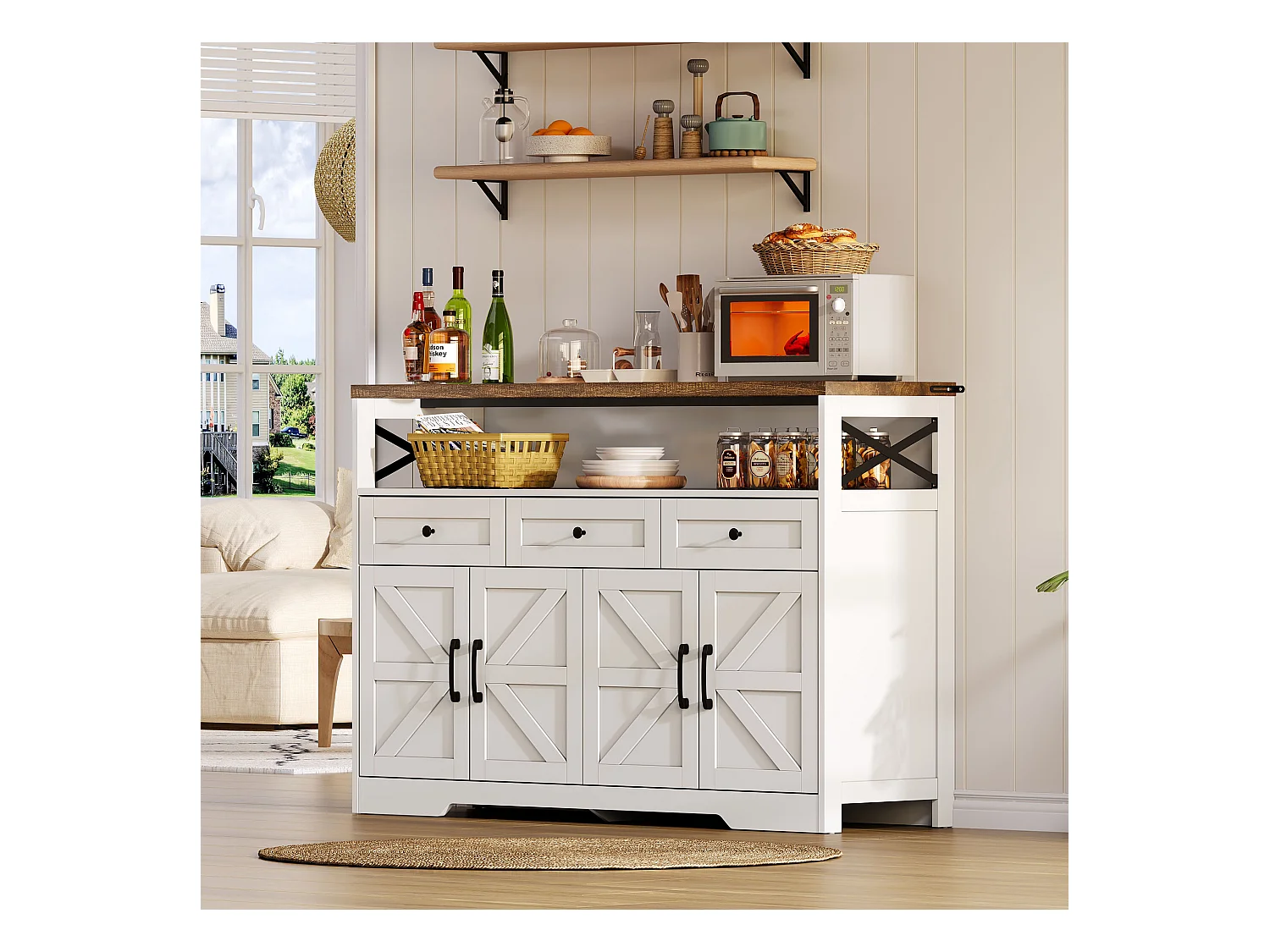 Buffet moderno 140×35×95 cm - com 4 portas e 3 gavetas - branco+natural