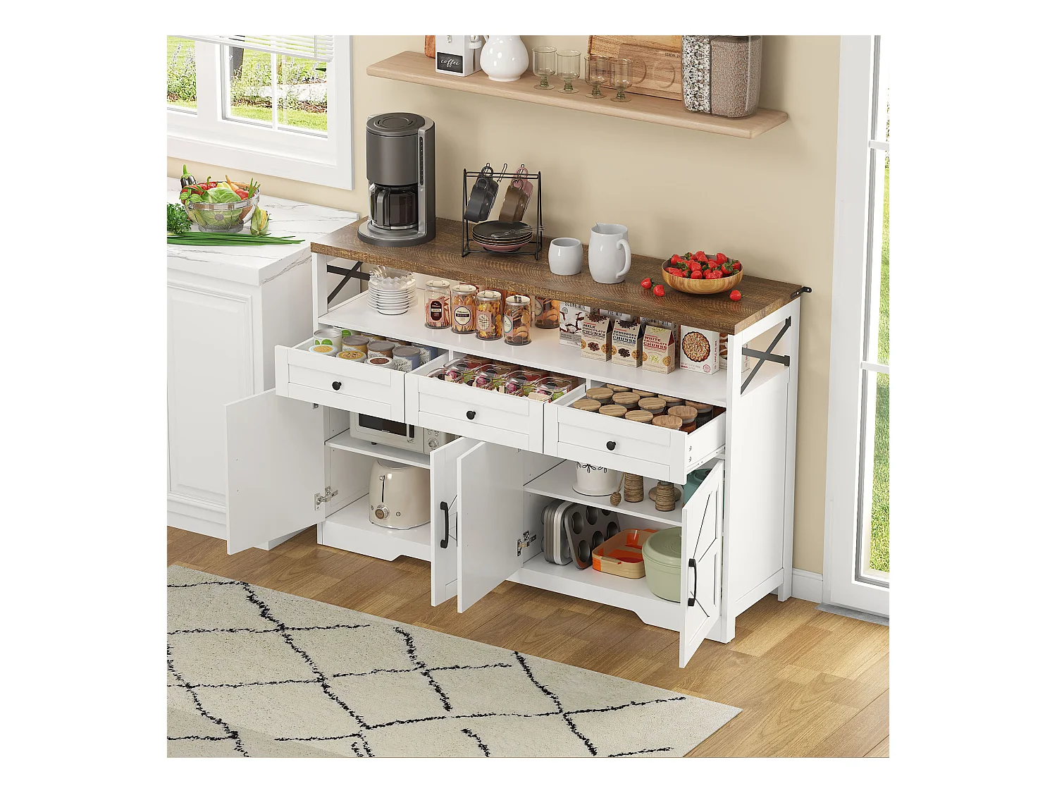 Buffet moderno 140×35×95 cm - com 4 portas e 3 gavetas - branco+natural
