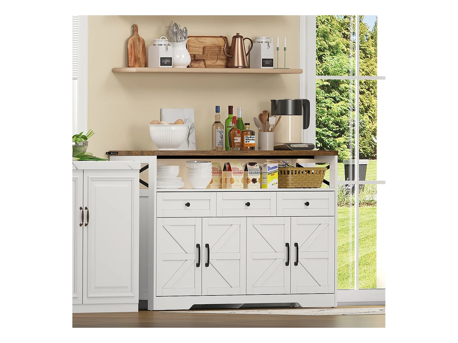 Buffet moderno 140×35×95 cm - com 4 portas e 3 gavetas - branco+natural