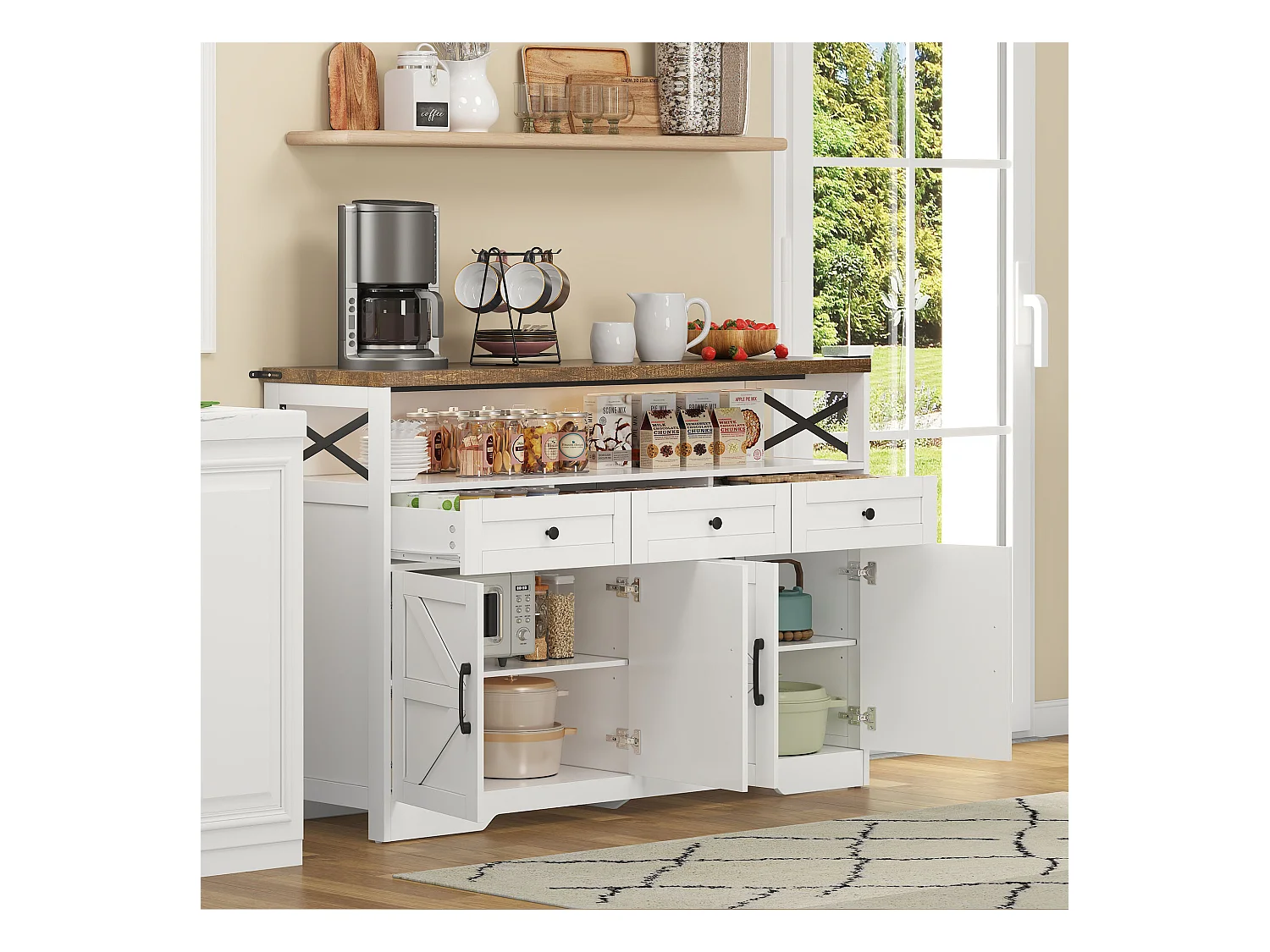 Buffet moderno 140×35×95 cm - com 4 portas e 3 gavetas - branco+natural