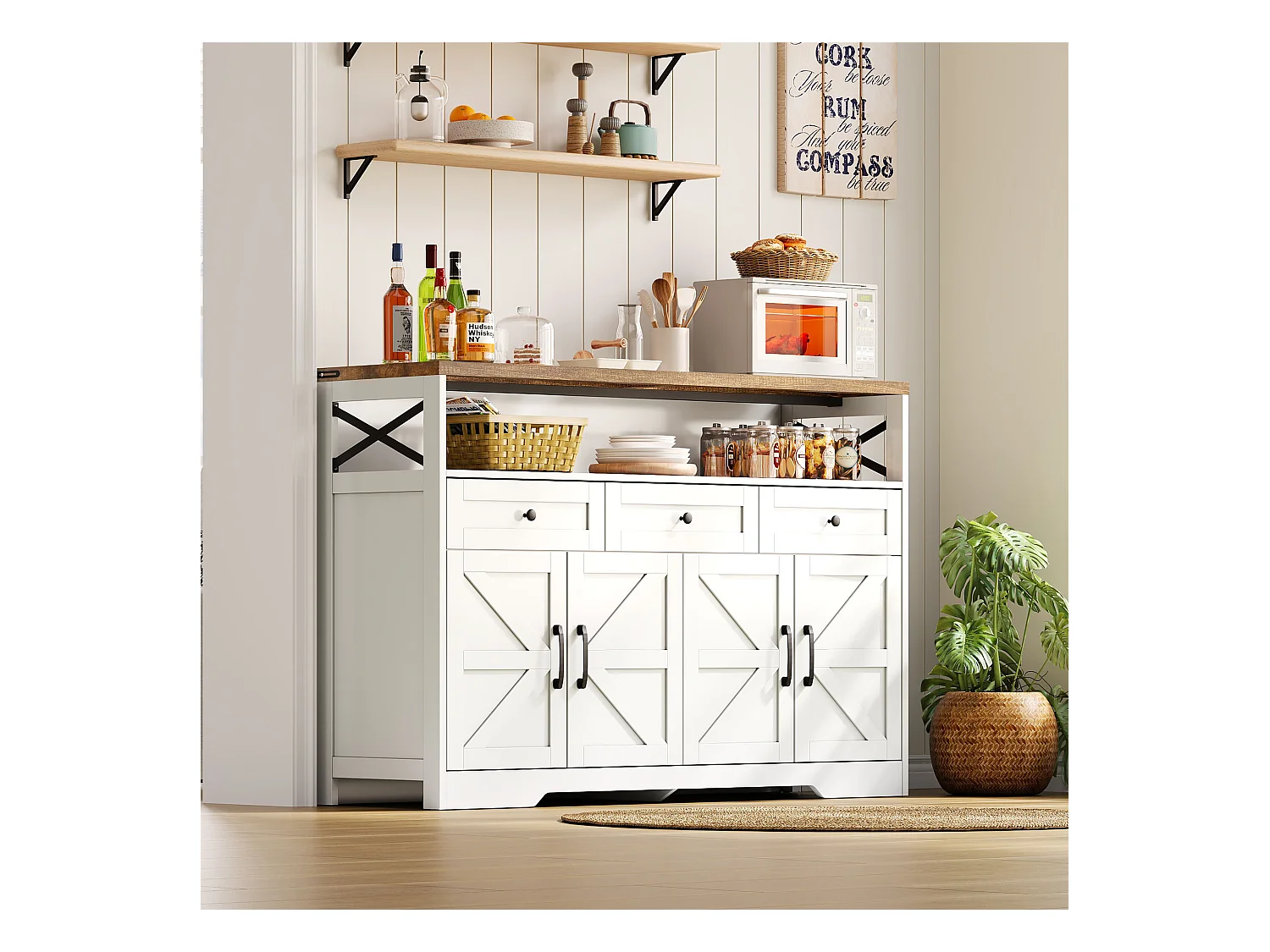 Buffet moderno 140×35×95 cm - com 4 portas e 3 gavetas - branco+natural