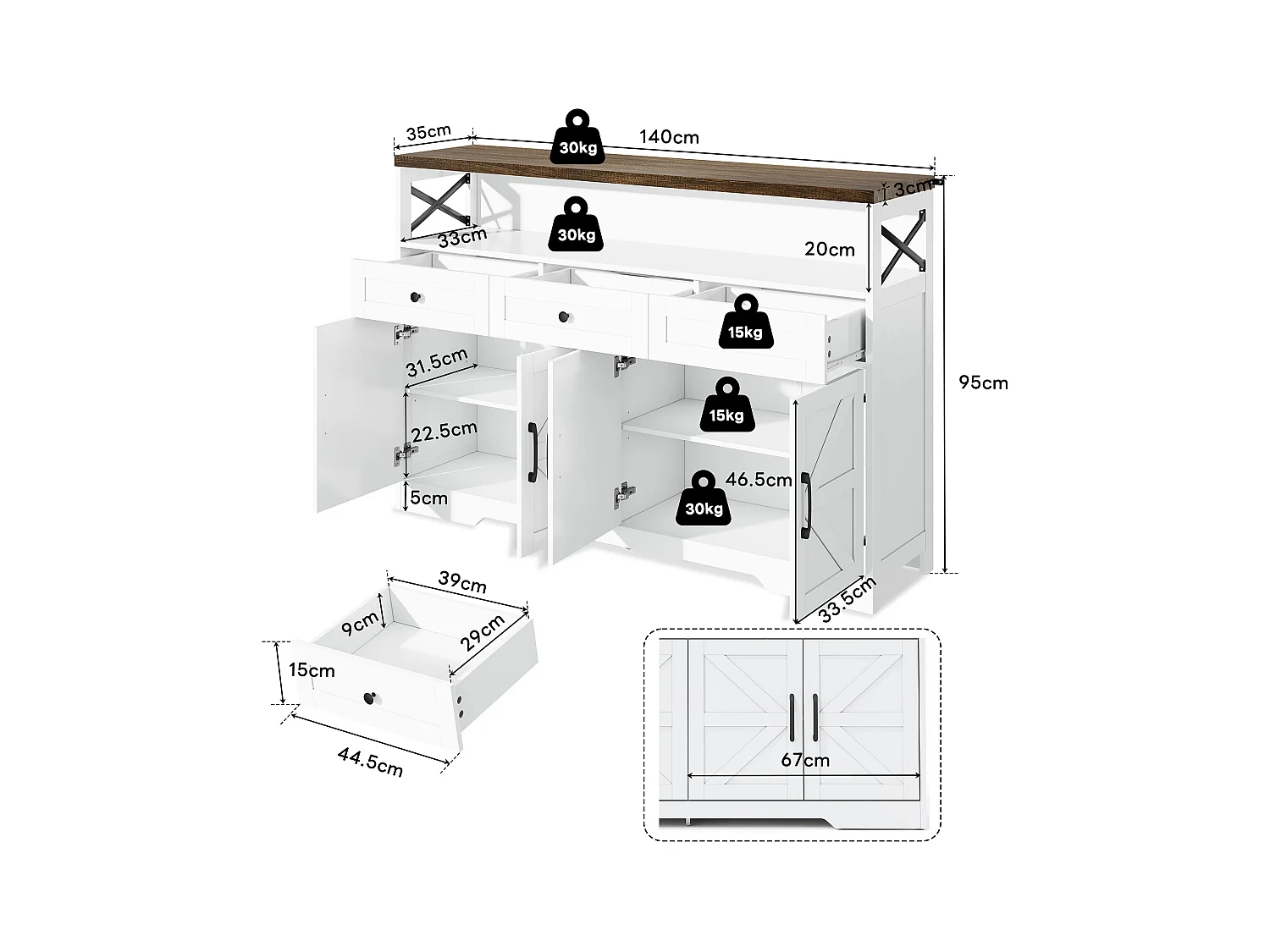Buffet moderno 140×35×95 cm - com 4 portas e 3 gavetas - branco+natural