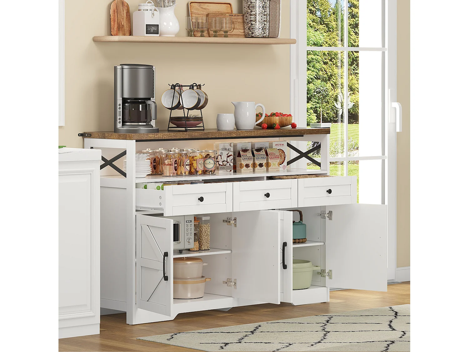 Moderne Anrichte 140×35×95 cm - mit 4 Türen und 3 Schubladen - weiß+natur