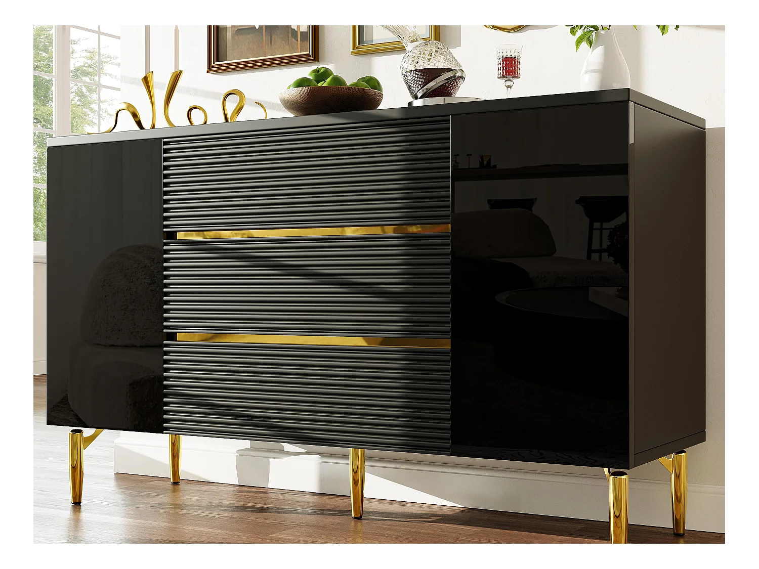 Buffet moderne 120x40x73cm - avec 3 tiroirs et 2 portes - MDF - noir