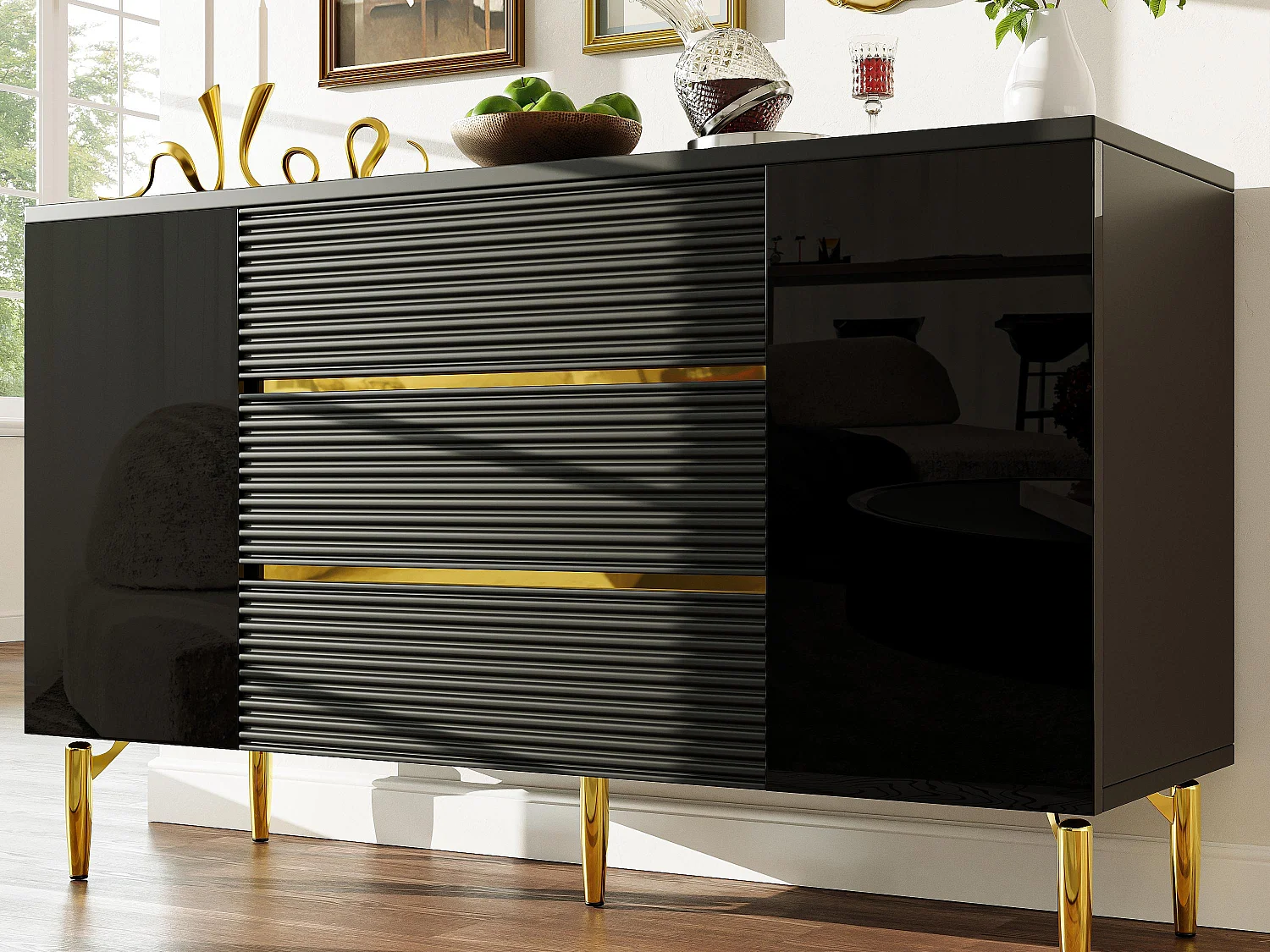 Buffet moderno 120×40×73 cm - con 3 cajones y 2 puertas - MDF - negro