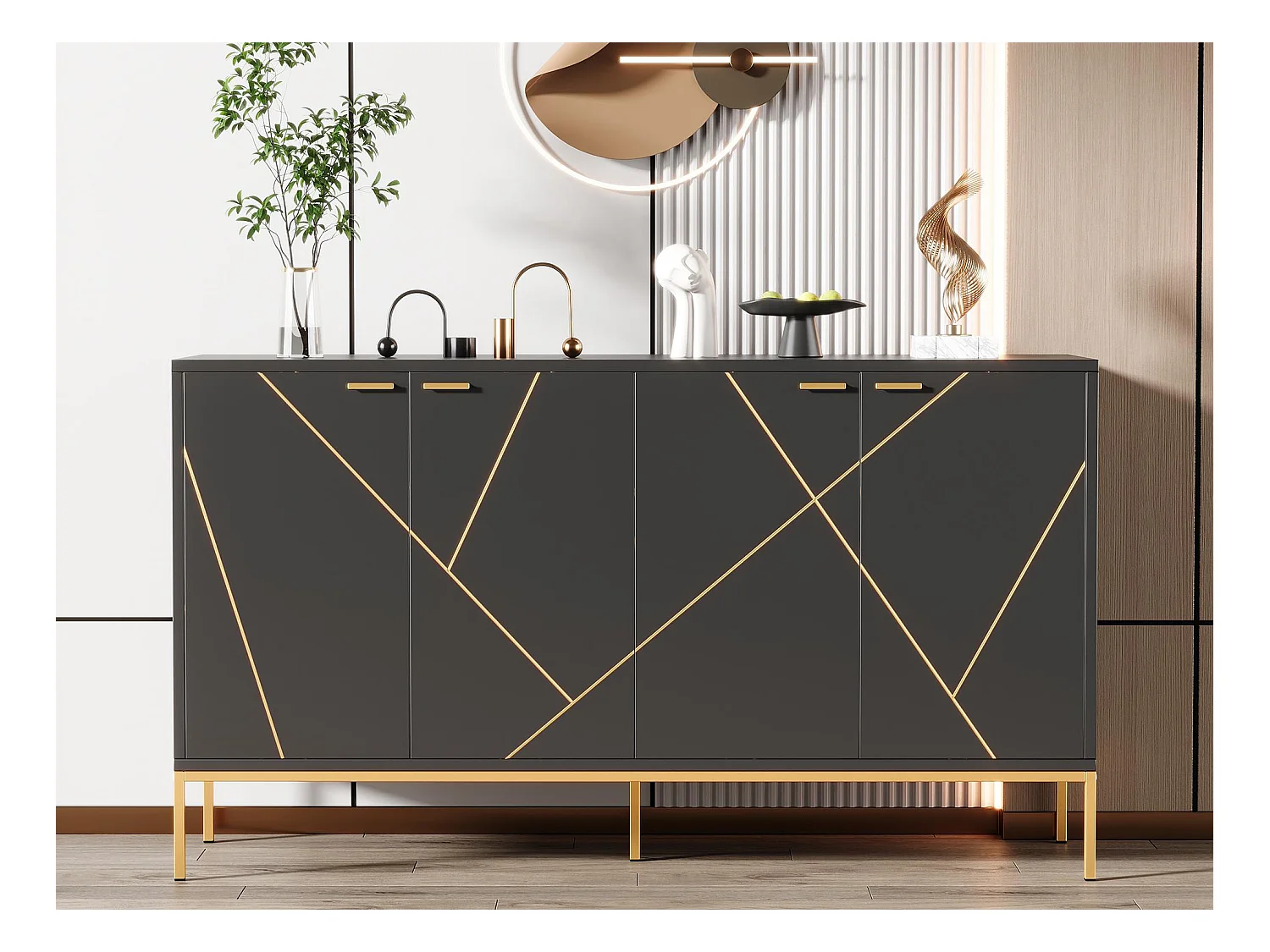 Buffet moderne 150x40x80cm - avec 4 portes - pieds en métal - panneau de particules - noir