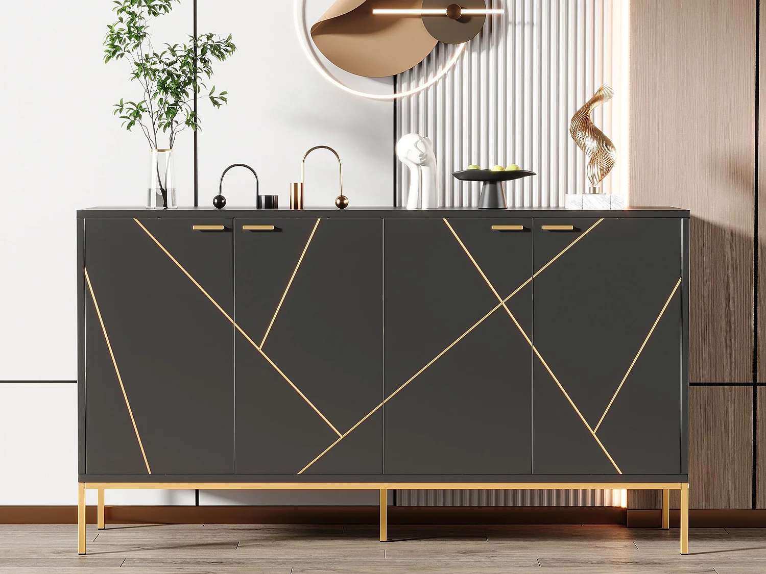 Buffet moderne 150x40x80cm - avec 4 portes - pieds en métal - panneau de particules - noir