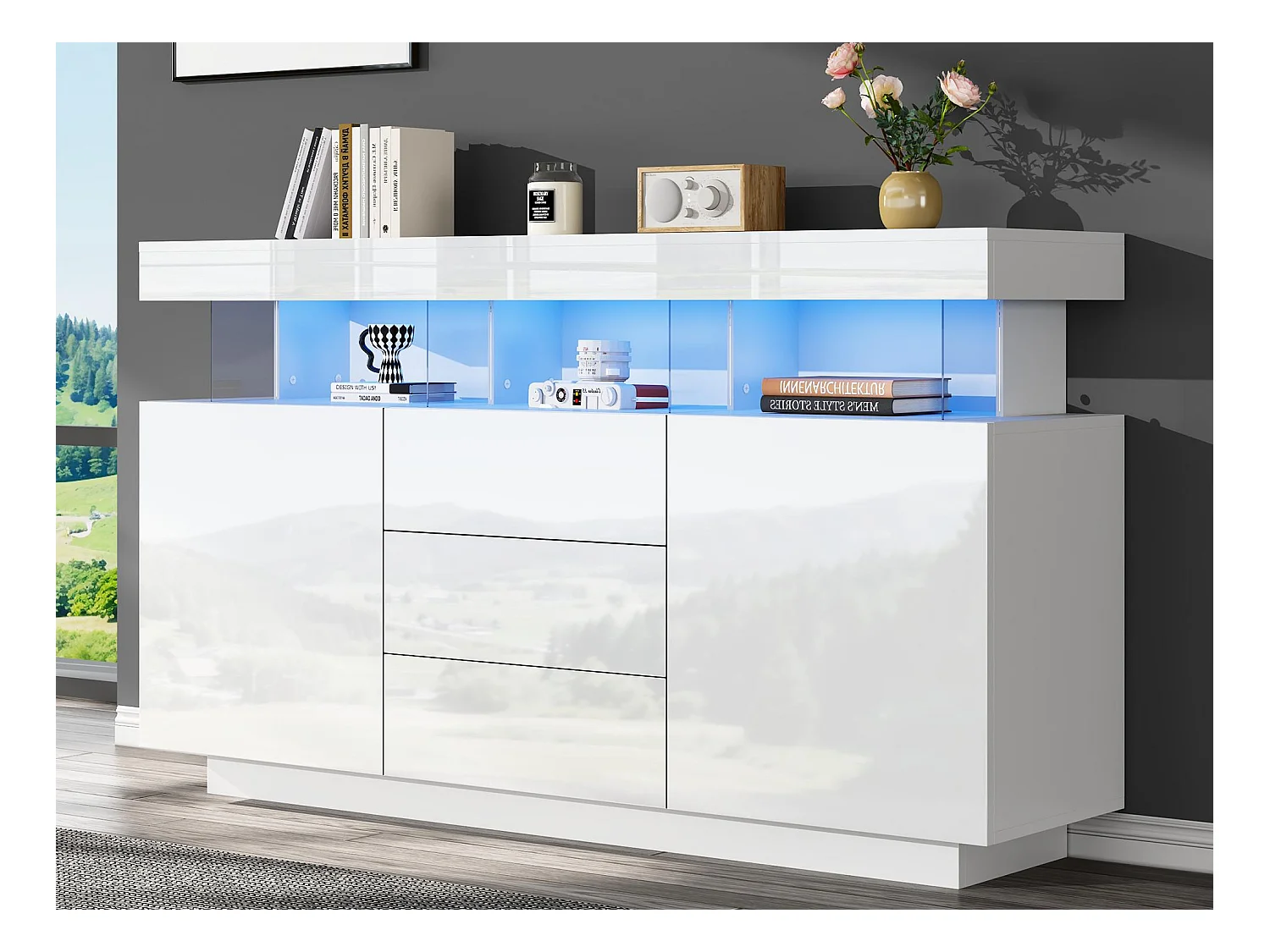 Buffet moderno - con striscia LED luminosa a 16 colori - 3 cassetti - 2 ante - bianco