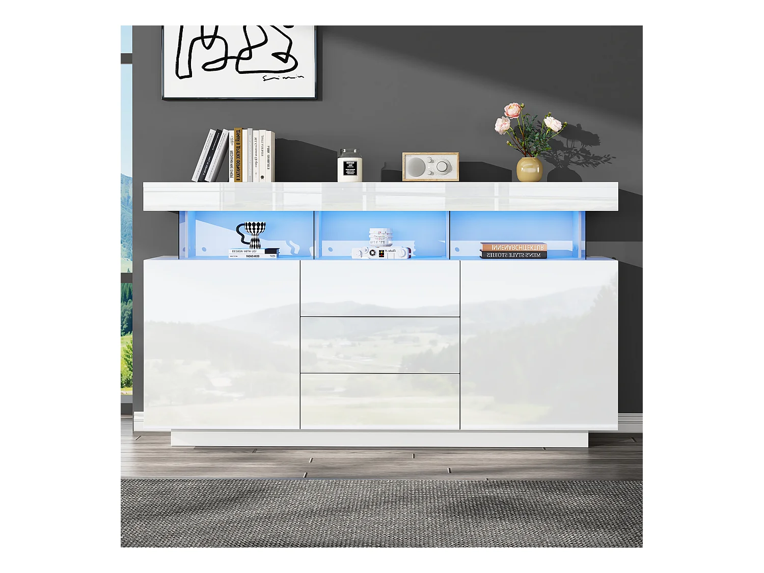 Modernes Buffet - mit 16-Farben-LED-Leiste - 3 Schubladen - 2 Türen - weiß