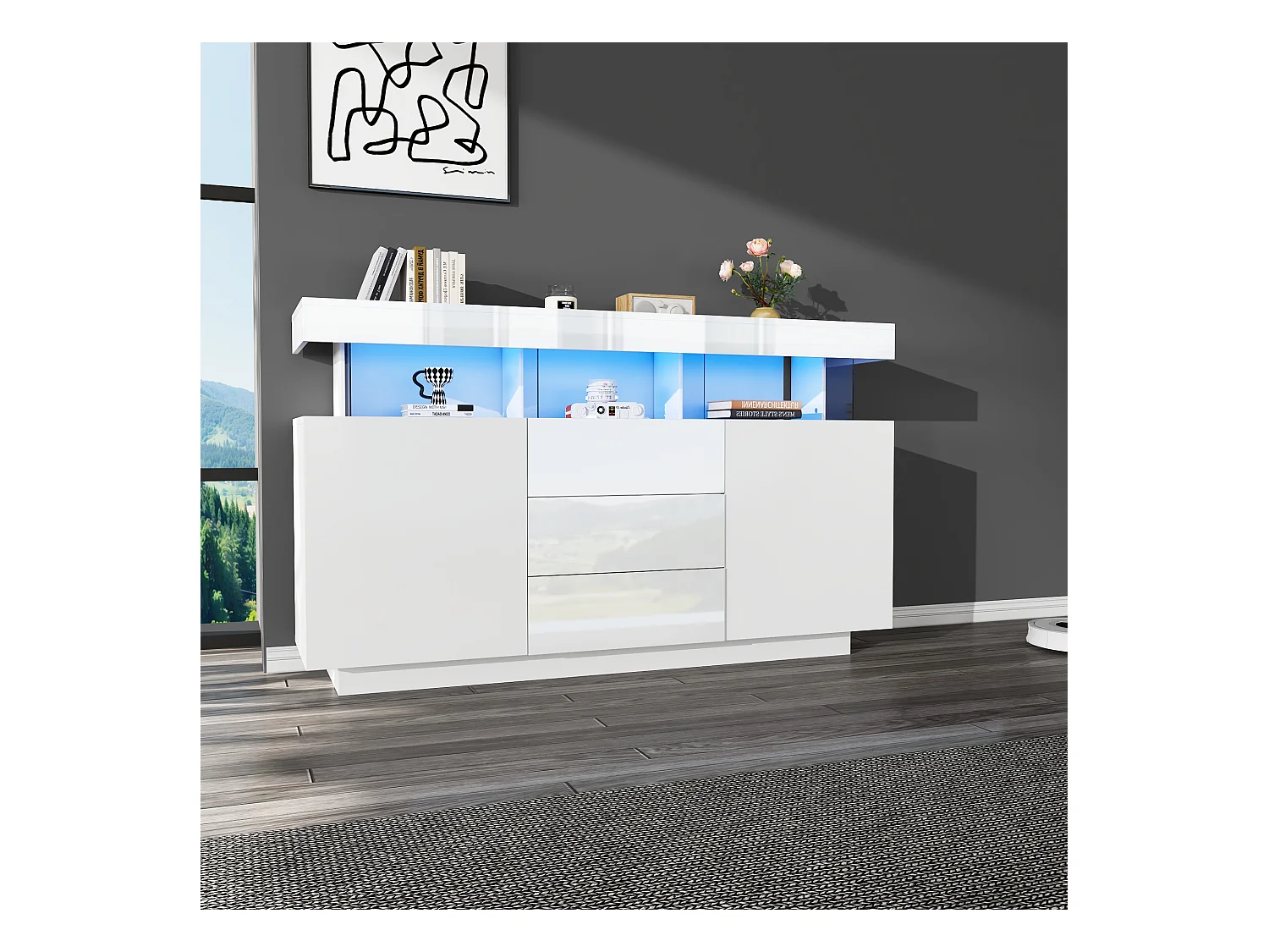 Buffet moderno - con striscia LED luminosa a 16 colori - 3 cassetti - 2 ante - bianco