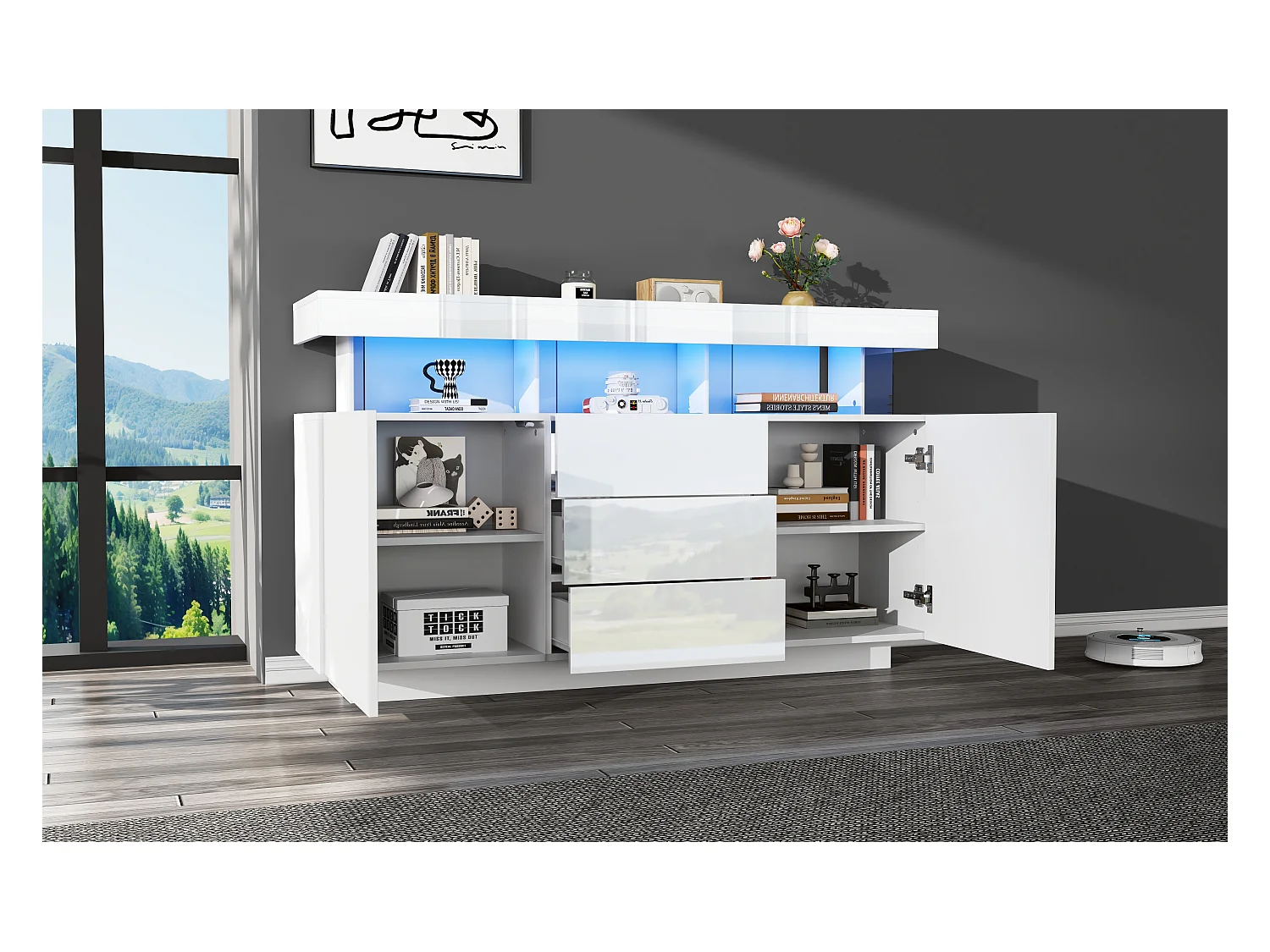 Buffet moderno - con striscia LED luminosa a 16 colori - 3 cassetti - 2 ante - bianco