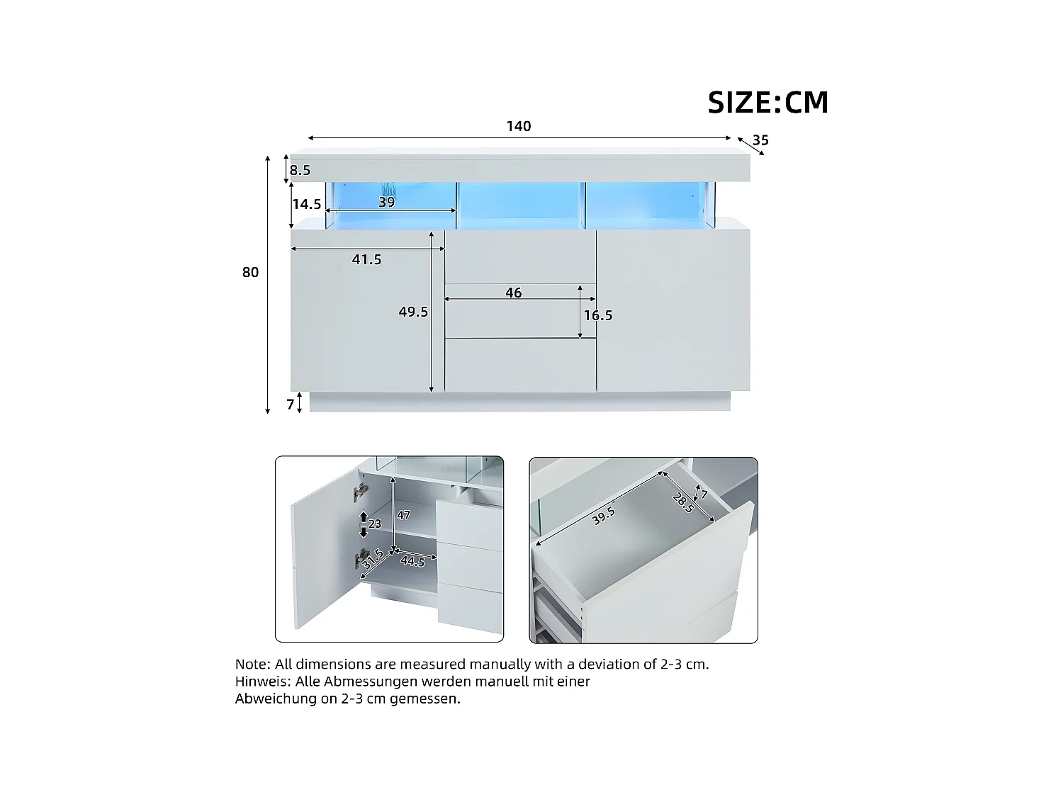 Buffet moderno - con striscia LED luminosa a 16 colori - 3 cassetti - 2 ante - bianco