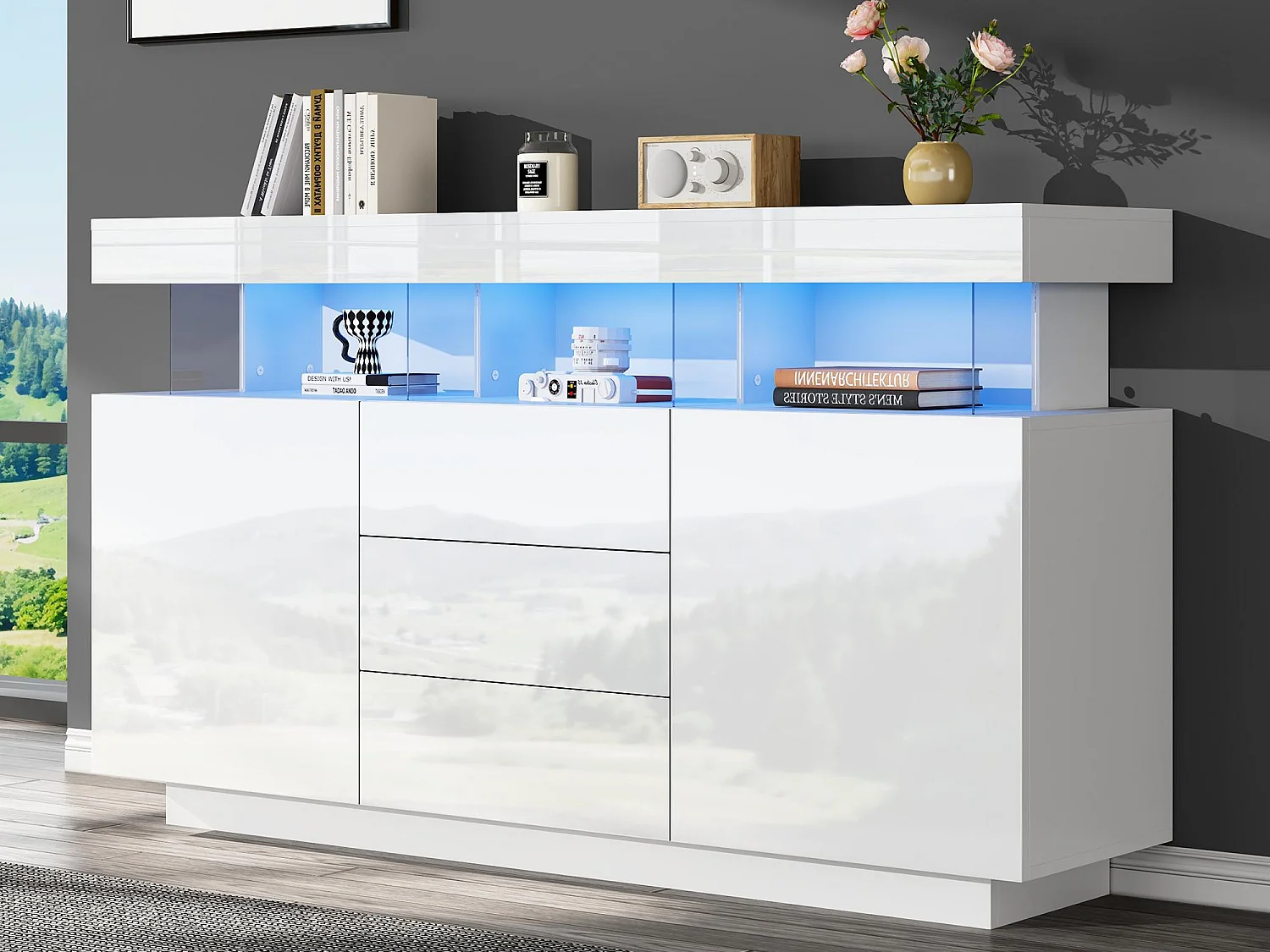 Buffet moderne - avec bande lumineuse LED 16 couleurs - 3 tiroirs - 2 portes - blanc