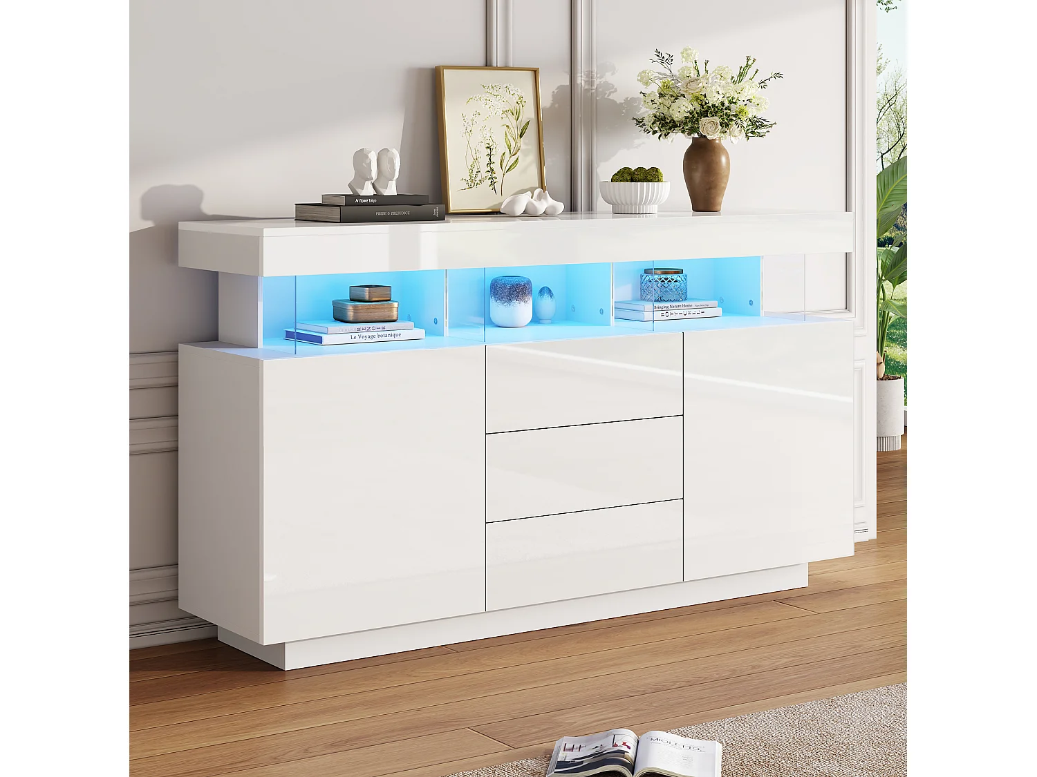 Buffet moderne - avec bande lumineuse LED 16 couleurs - 3 tiroirs - 2 portes - blanc