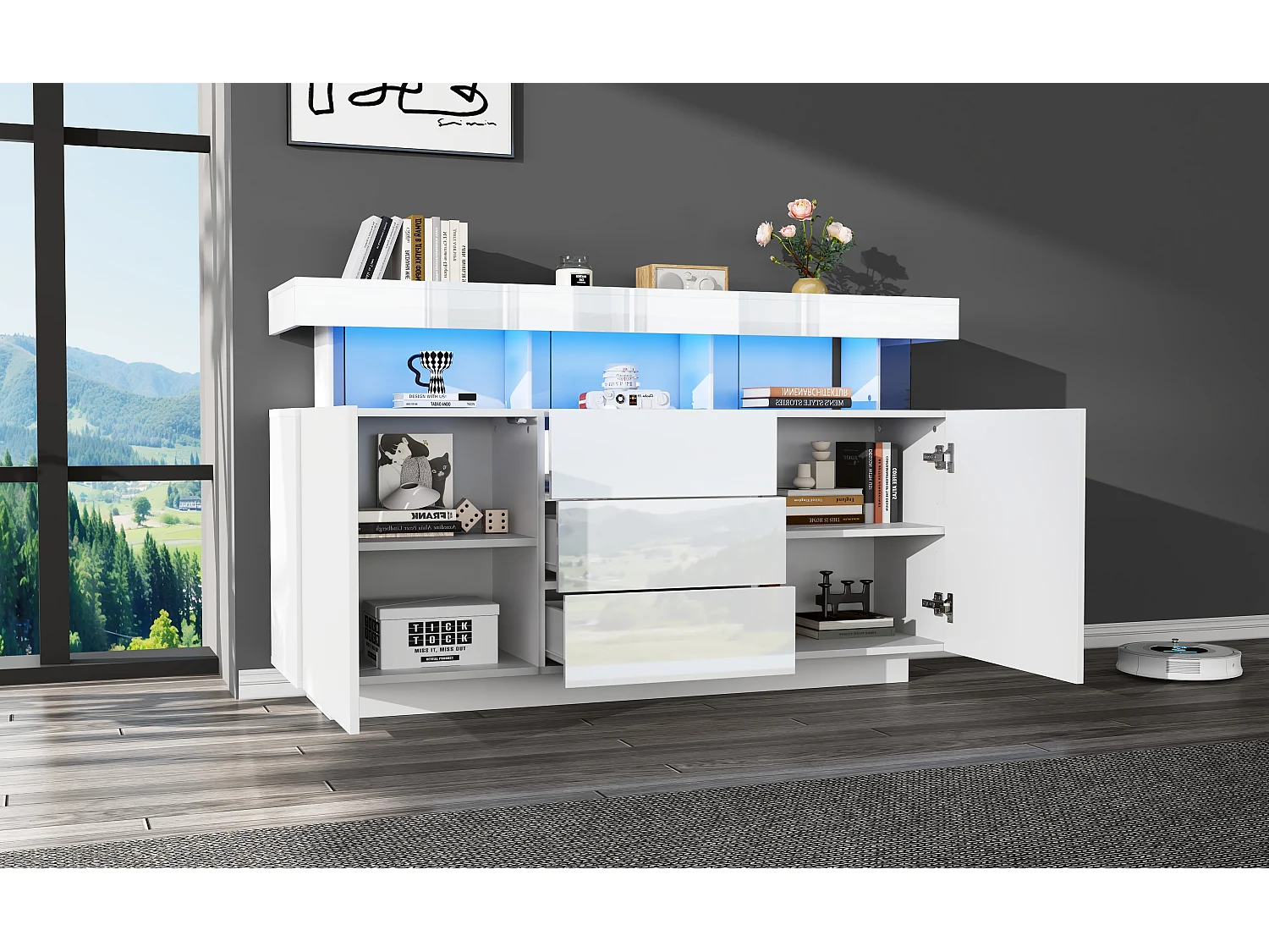 Buffet moderne - avec bande lumineuse LED 16 couleurs - 3 tiroirs - 2 portes - blanc