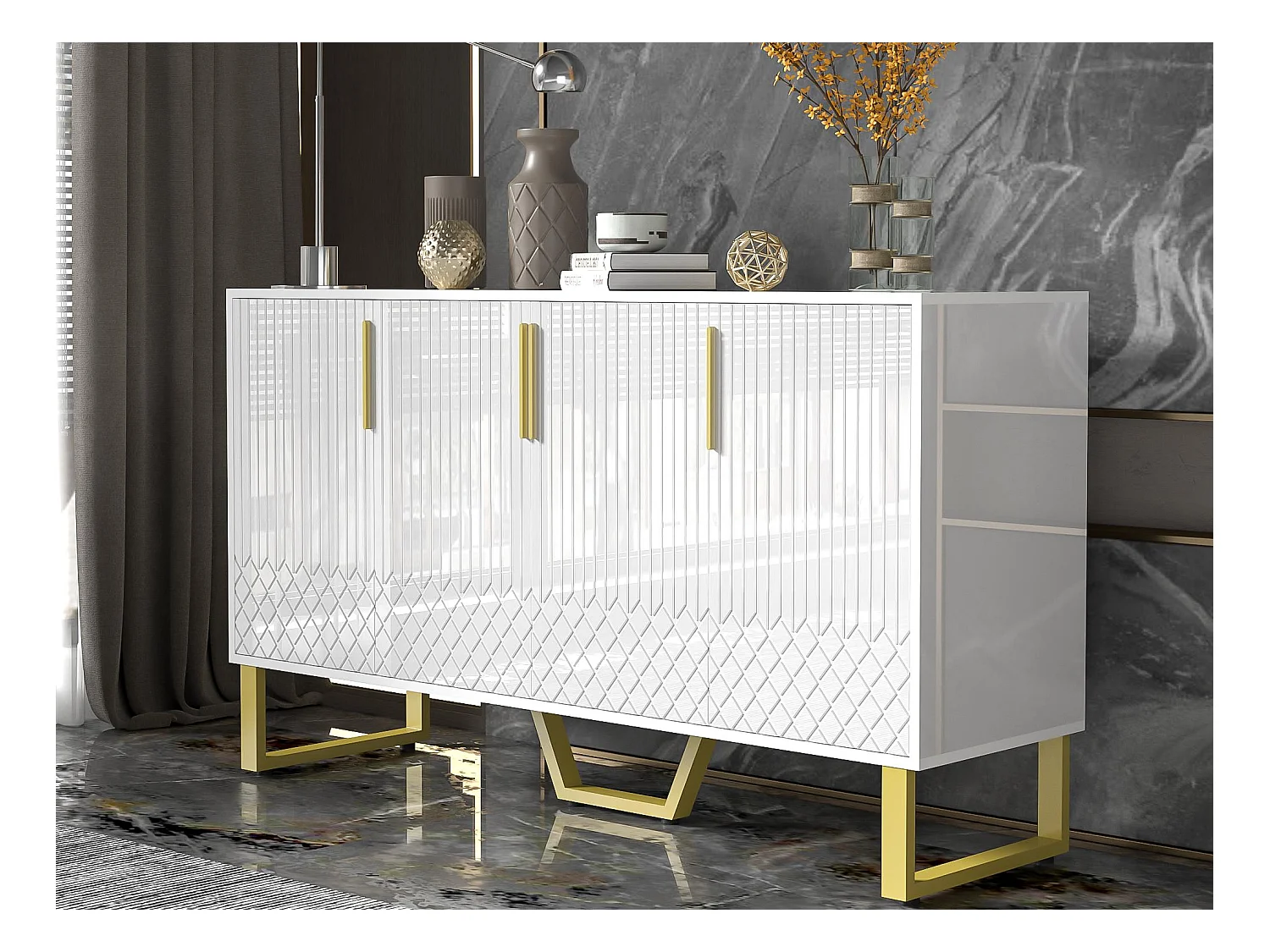 Buffet brillant 140x40x80 cm - avec 4 portes - poignées et pieds en métal - blanc