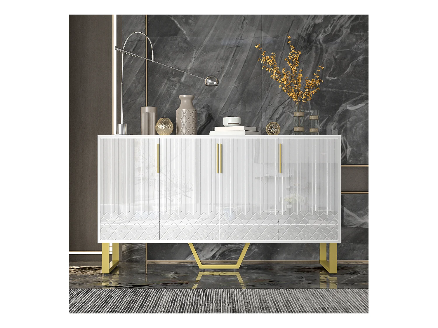 Buffet brillant 140x40x80 cm - avec 4 portes - poignées et pieds en métal - blanc