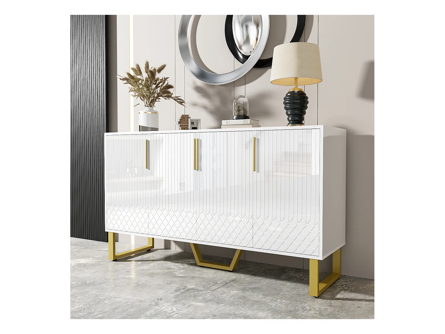 Buffet brillant 140x40x80 cm - avec 4 portes - poignées et pieds en métal - blanc