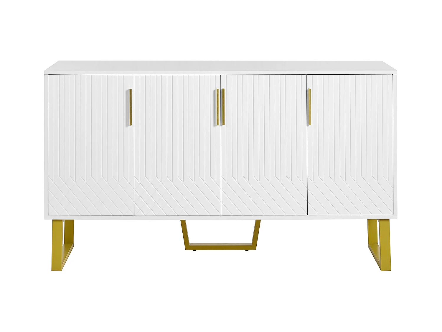 Buffet brillant 140x40x80 cm - avec 4 portes - poignées et pieds en métal - blanc