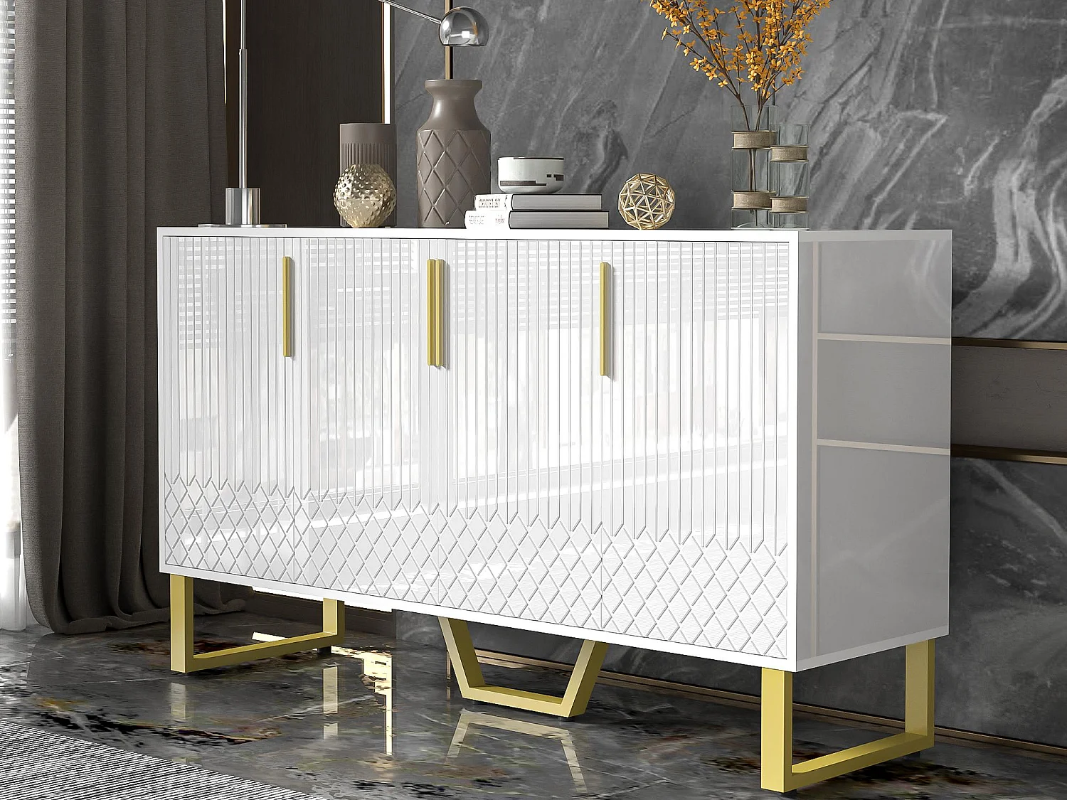 Hochglanz-Buffet 140x40x80 cm - mit 4 Türen - Metallgriffe und -füße - weiß