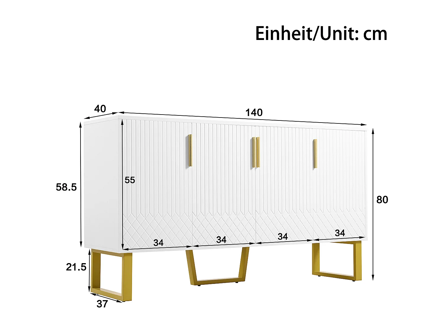 Hochglanz-Buffet 140x40x80 cm - mit 4 Türen - Metallgriffe und -füße - weiß