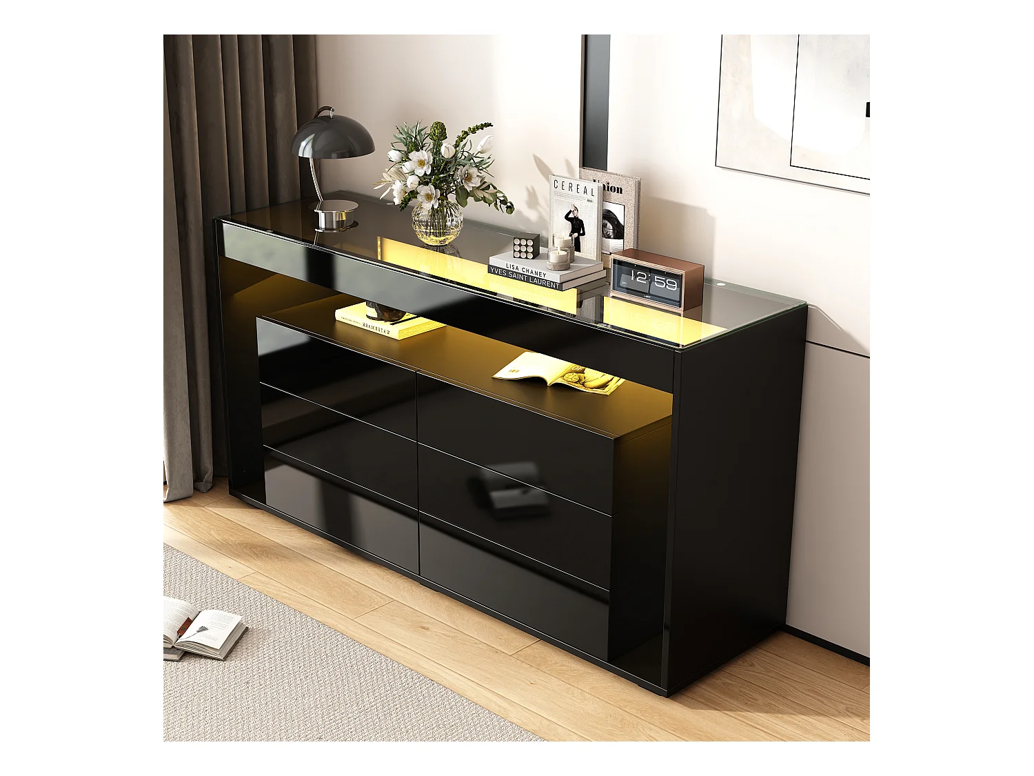 Buffet 140x40x70 cm - mit 6 großen Schubladen - mit LED - schwarz
