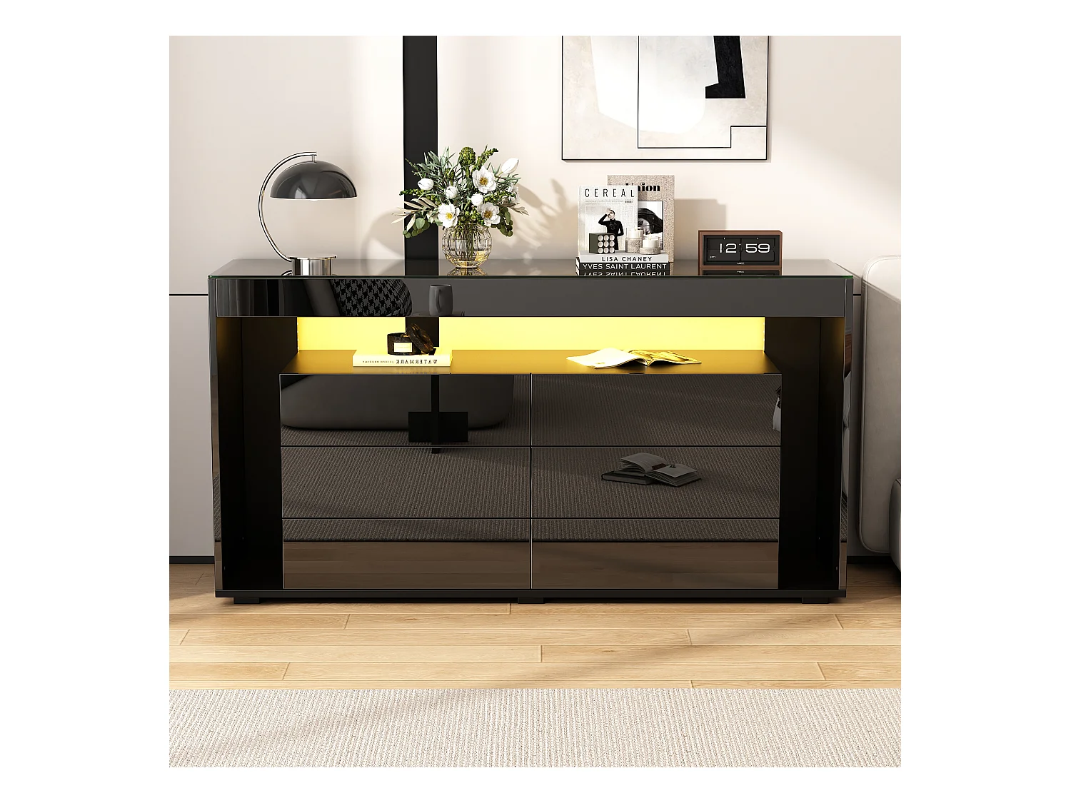 Buffet 140x40x70 cm - mit 6 großen Schubladen - mit LED - schwarz