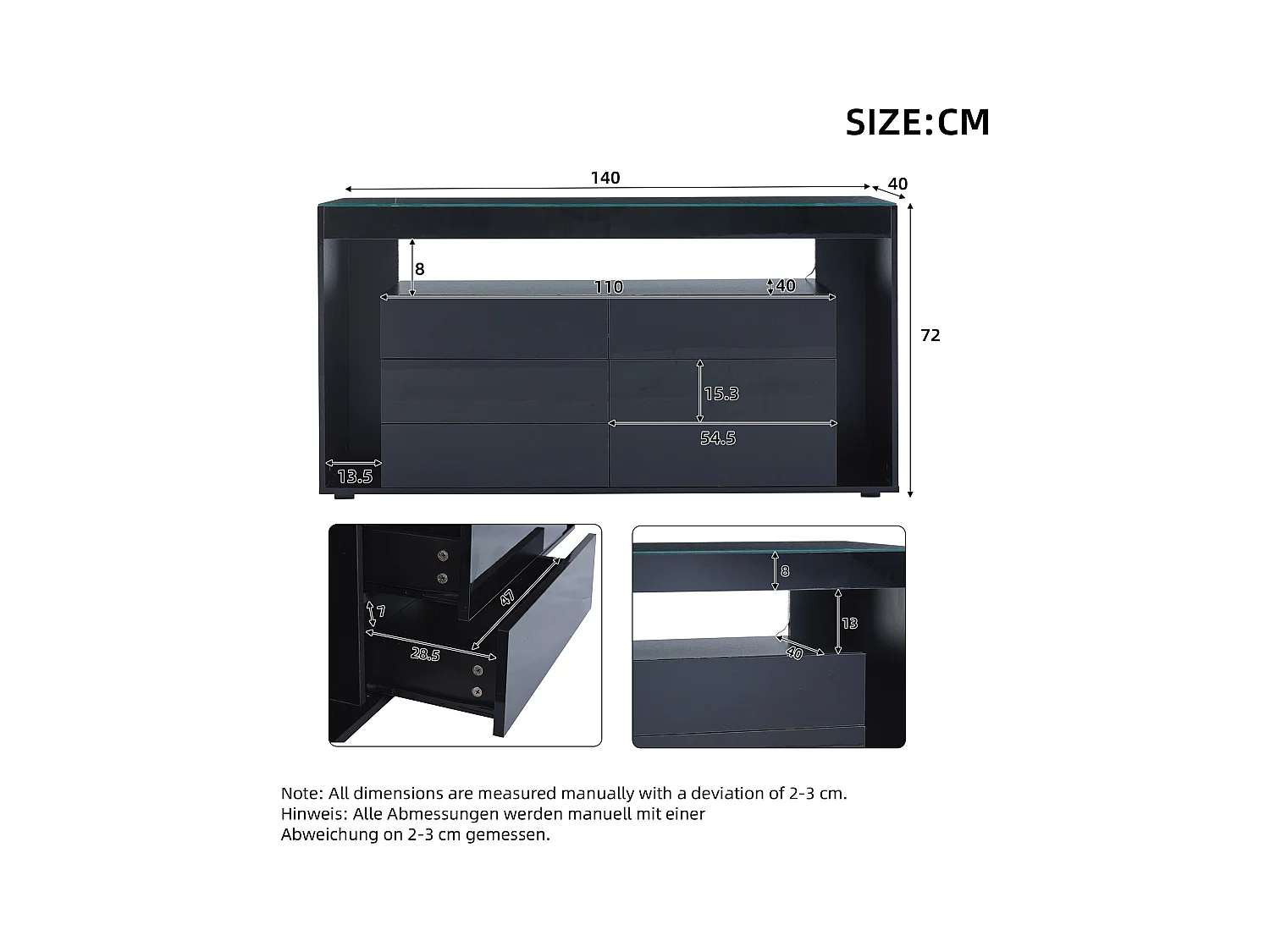 Buffet 140x40x70 cm - mit 6 großen Schubladen - mit LED - schwarz