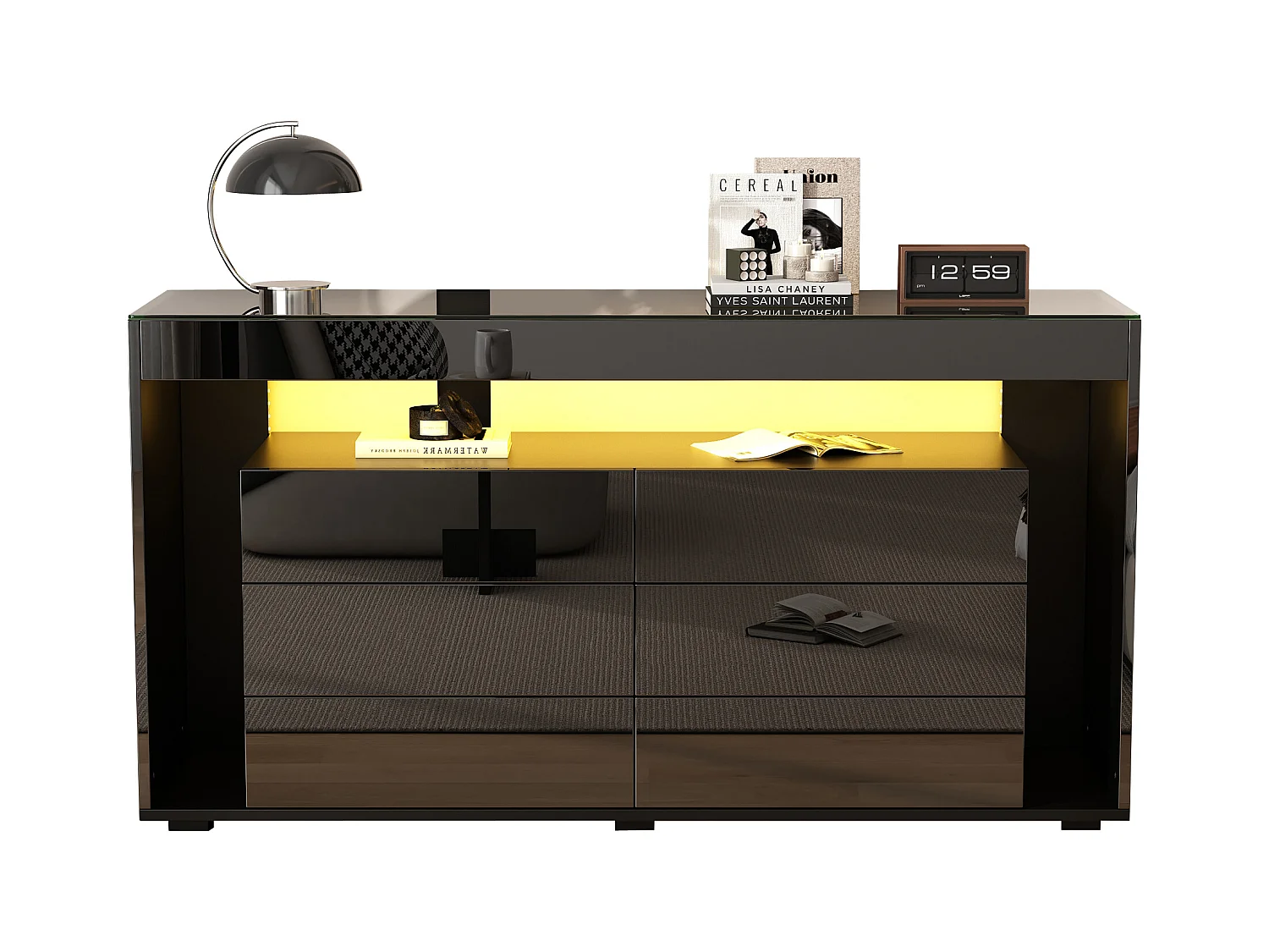 Buffet 140x40x70 cm - mit 6 großen Schubladen - mit LED - schwarz