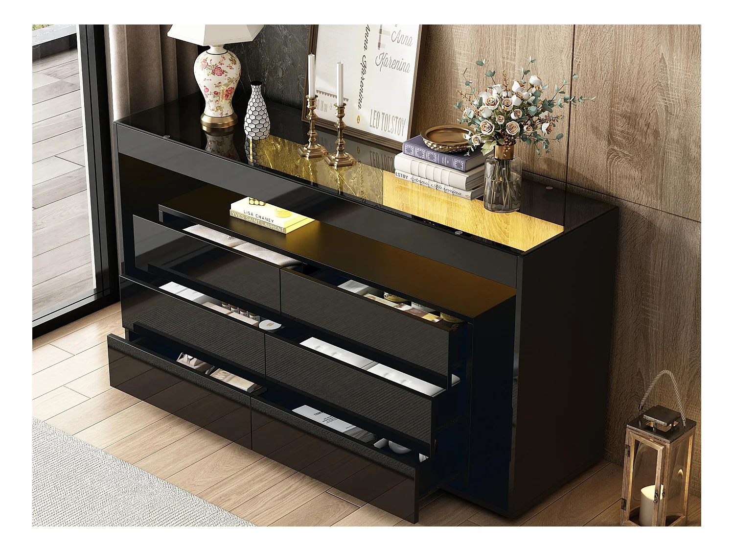 Buffet 140x40x70 cm - avec 6 grands tiroirs - avec LED - noir