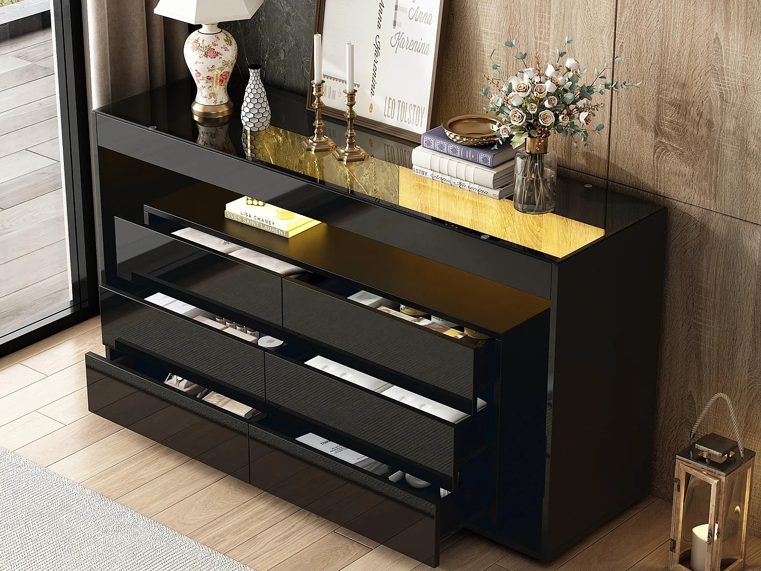 Buffet 140x40x70 cm - con 6 ampi cassetti - con LED - nero