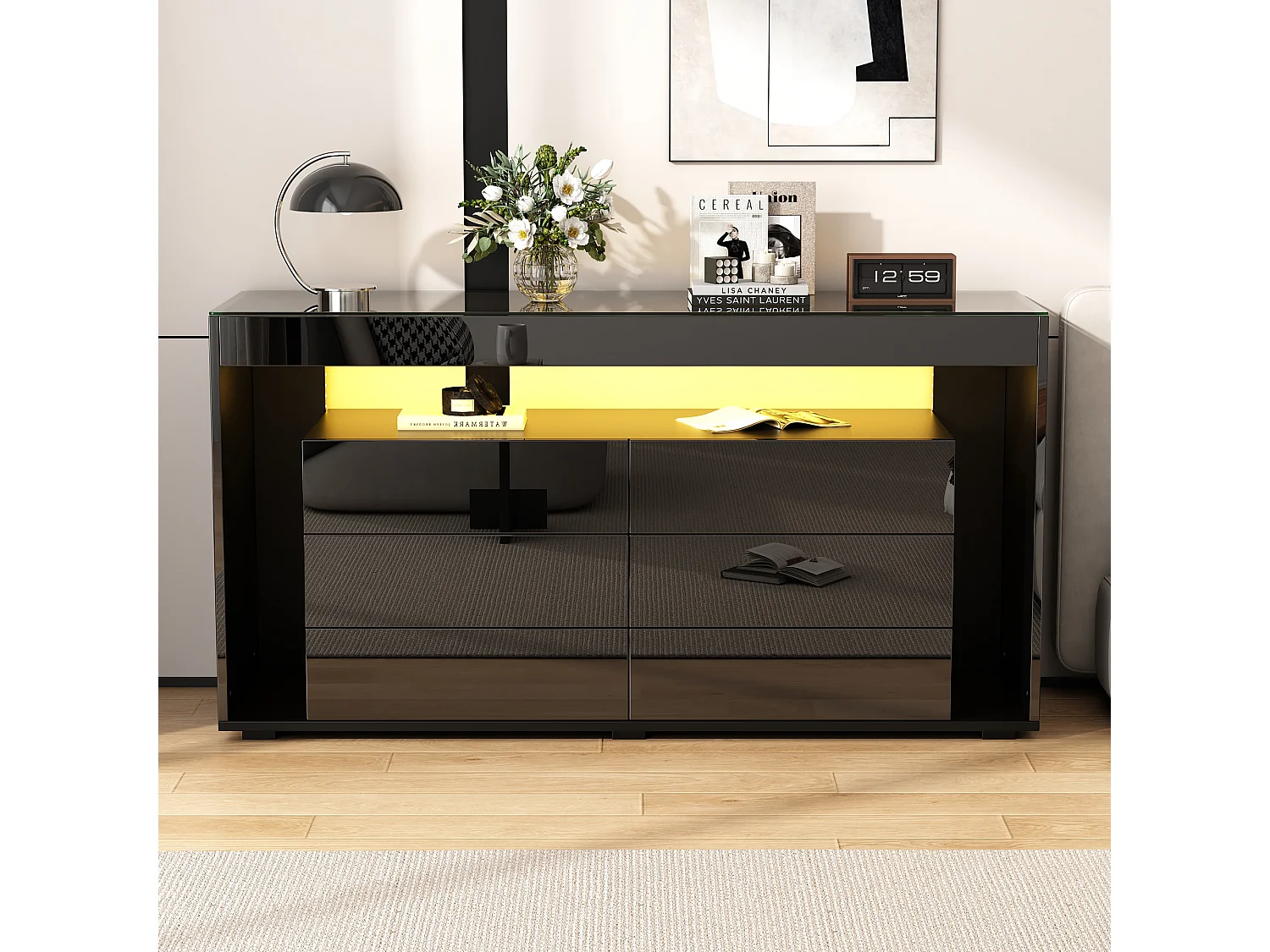Buffet 140x40x70 cm - con 6 ampi cassetti - con LED - nero
