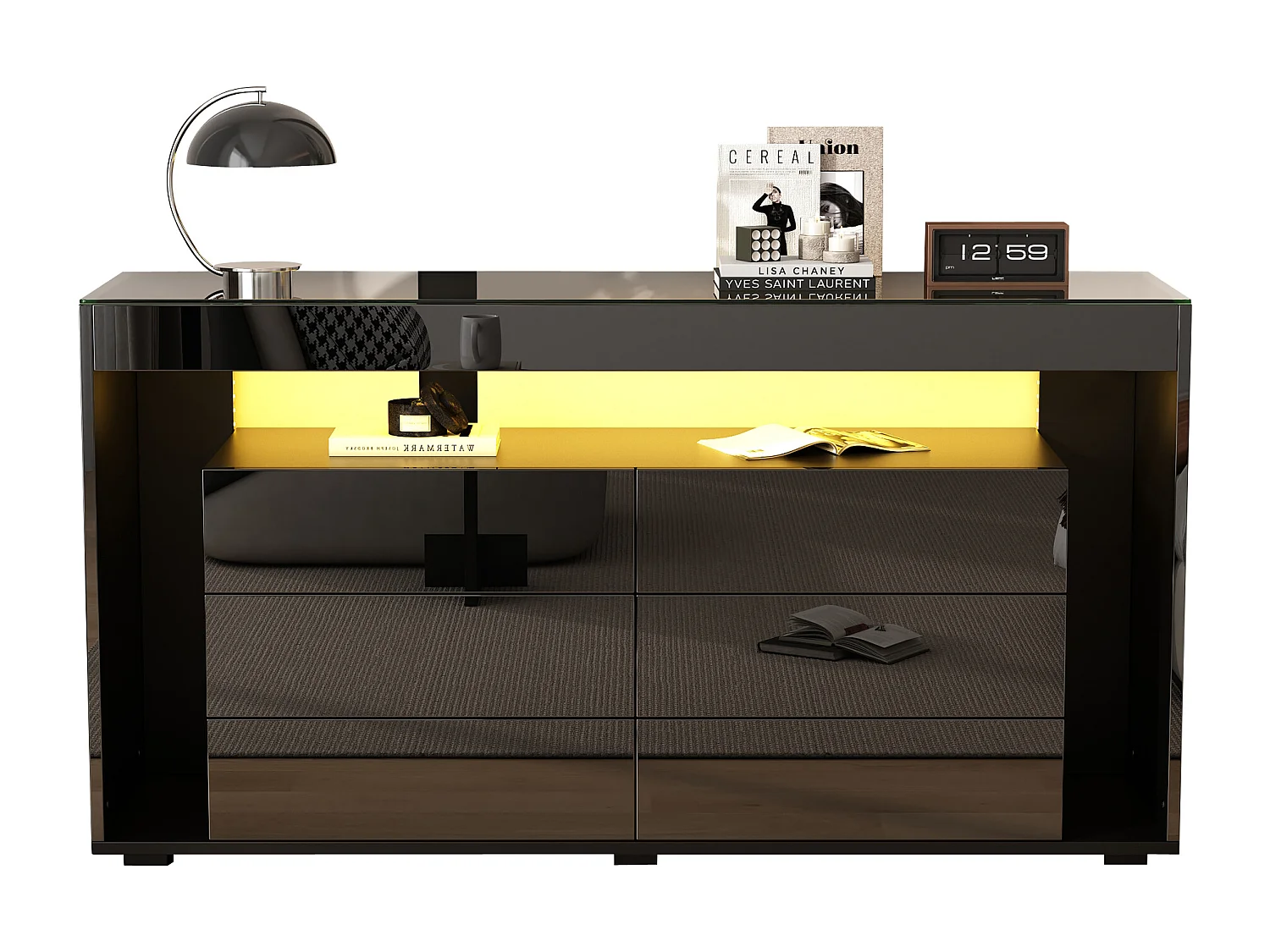 Buffet 140x40x70 cm - con 6 ampi cassetti - con LED - nero