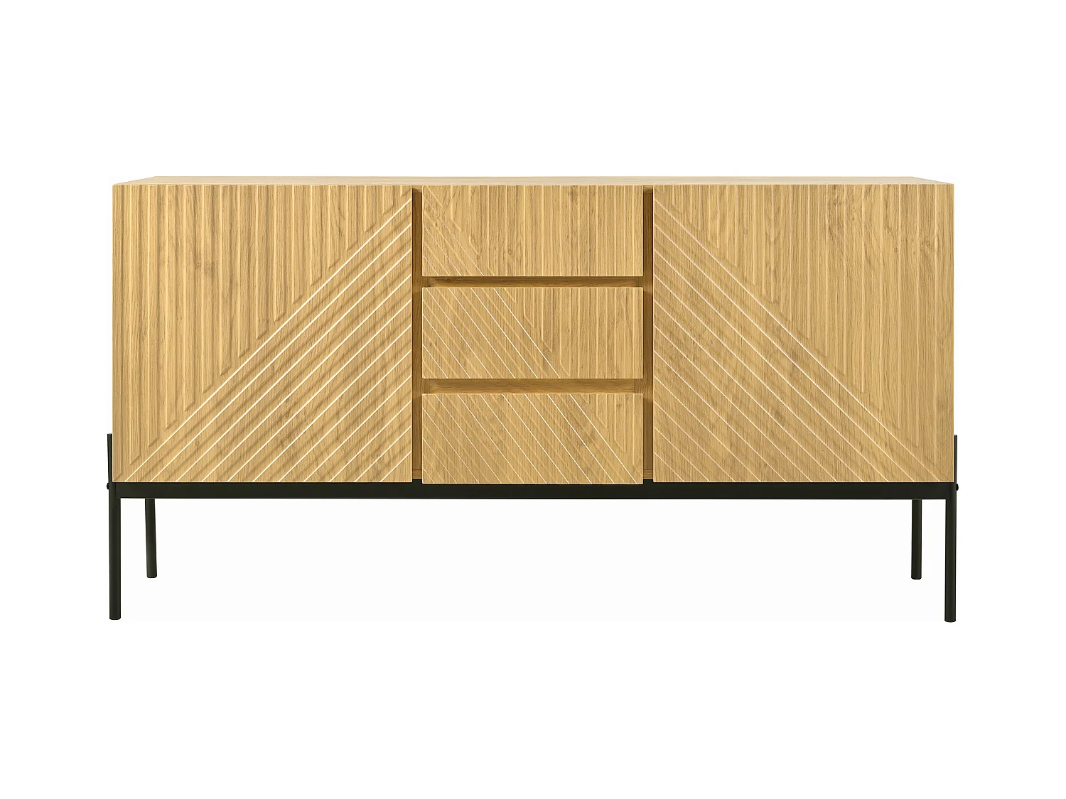 Nowoczesny kredens 150×40×75 cm - z 2 drzwiami i 3 szufladami - metalowe nogi - płyta wiórowa - naturalny