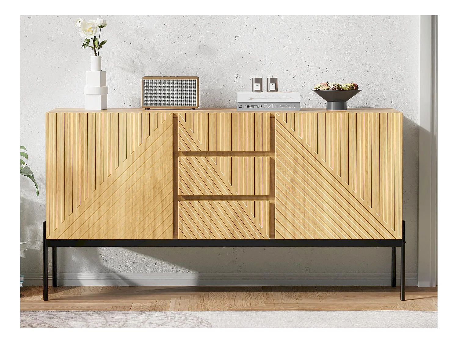 Nowoczesny kredens 150×40×75 cm - z 2 drzwiami i 3 szufladami - metalowe nogi - płyta wiórowa - naturalny