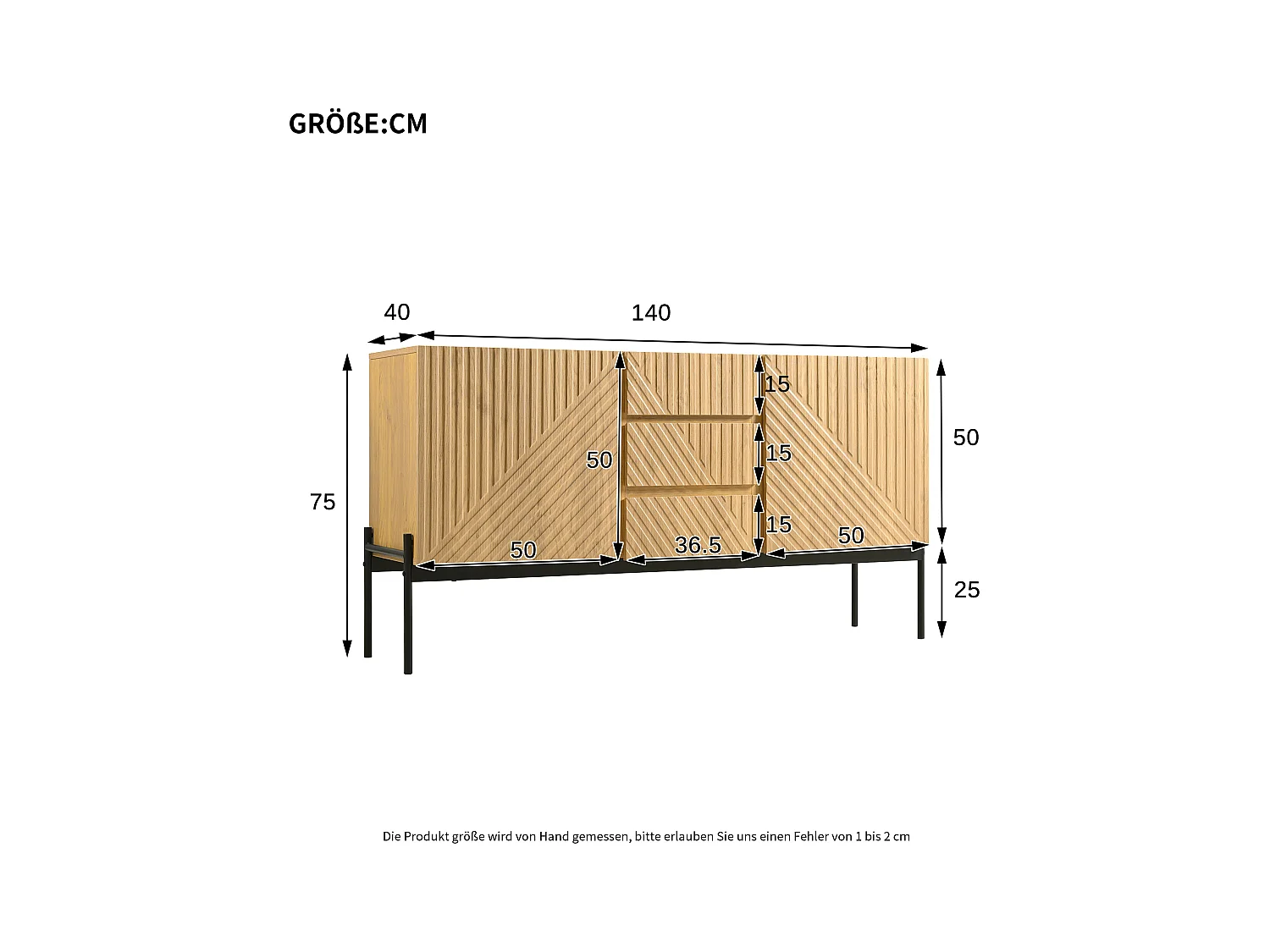 Nowoczesny kredens 150×40×75 cm - z 2 drzwiami i 3 szufladami - metalowe nogi - płyta wiórowa - naturalny