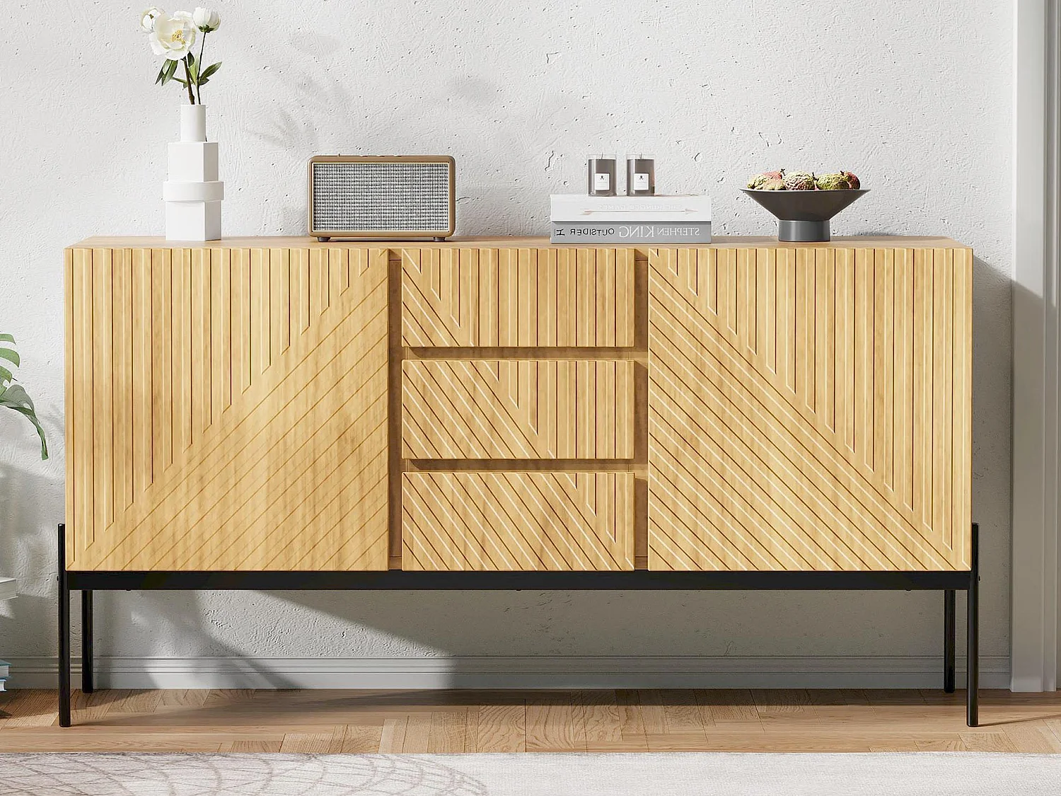 Buffet moderne 150x40x75cm - avec 2 portes et 3 tiroirs - pieds en métal - panneau de particules - Naturel