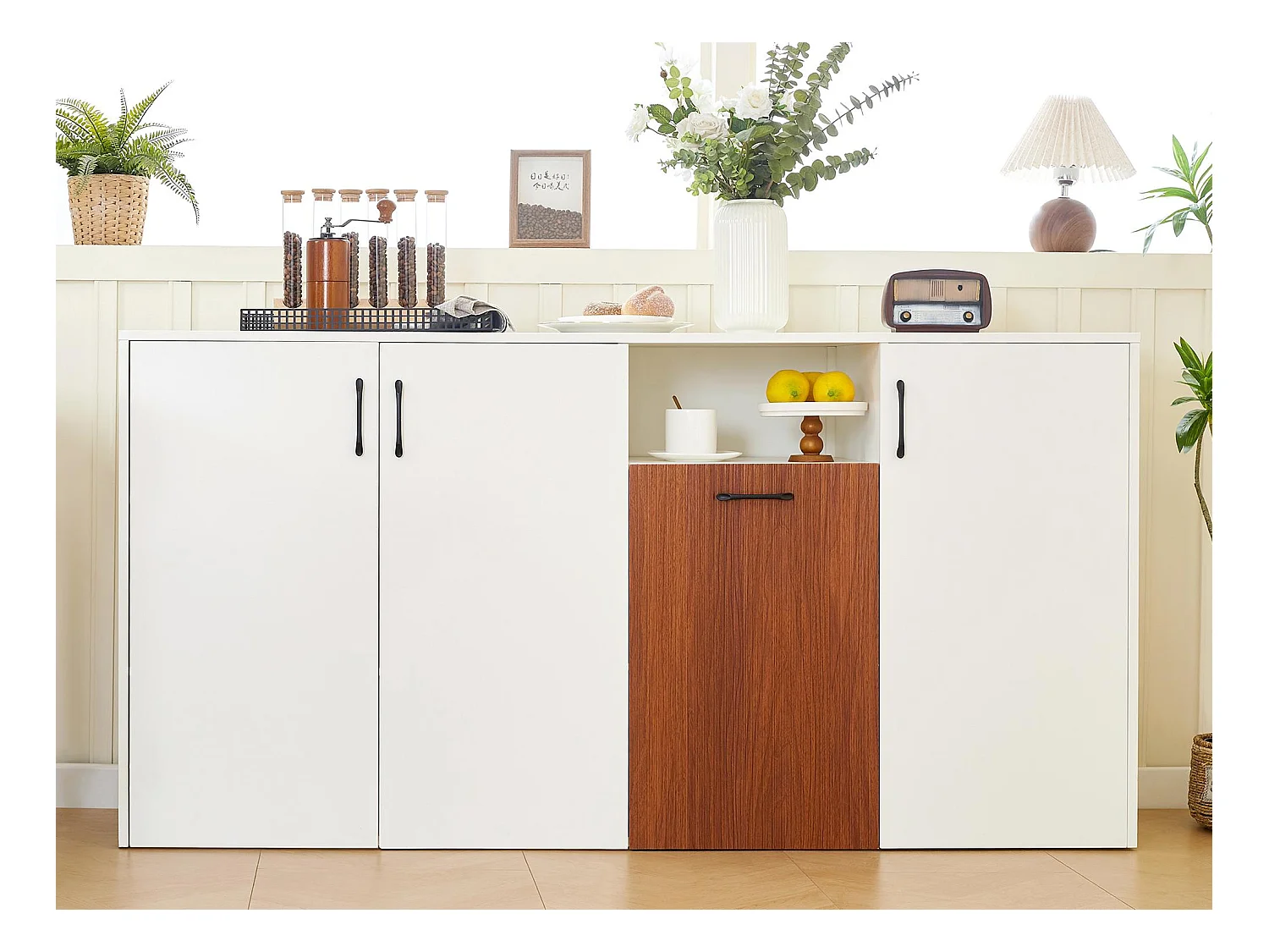 Buffet moderne 160x40x80cm - avec 4 portes - panneau de particules - Blanc+Marron