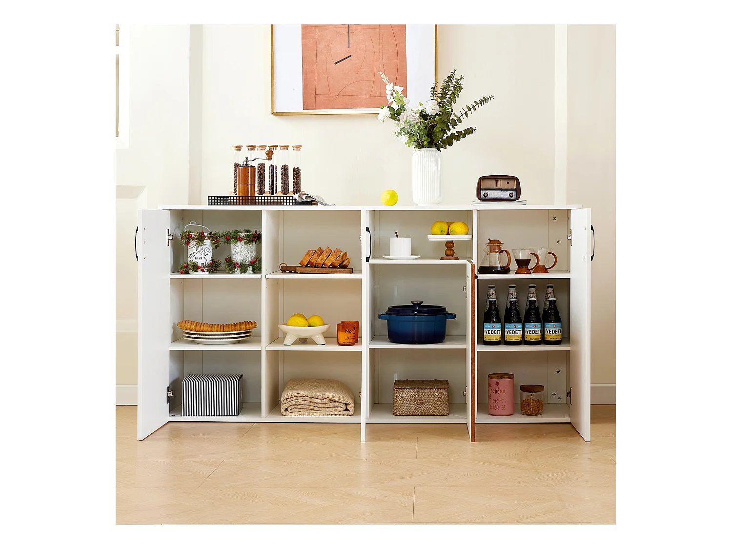 Buffet moderne 160x40x80cm - avec 4 portes - panneau de particules - Blanc+Marron
