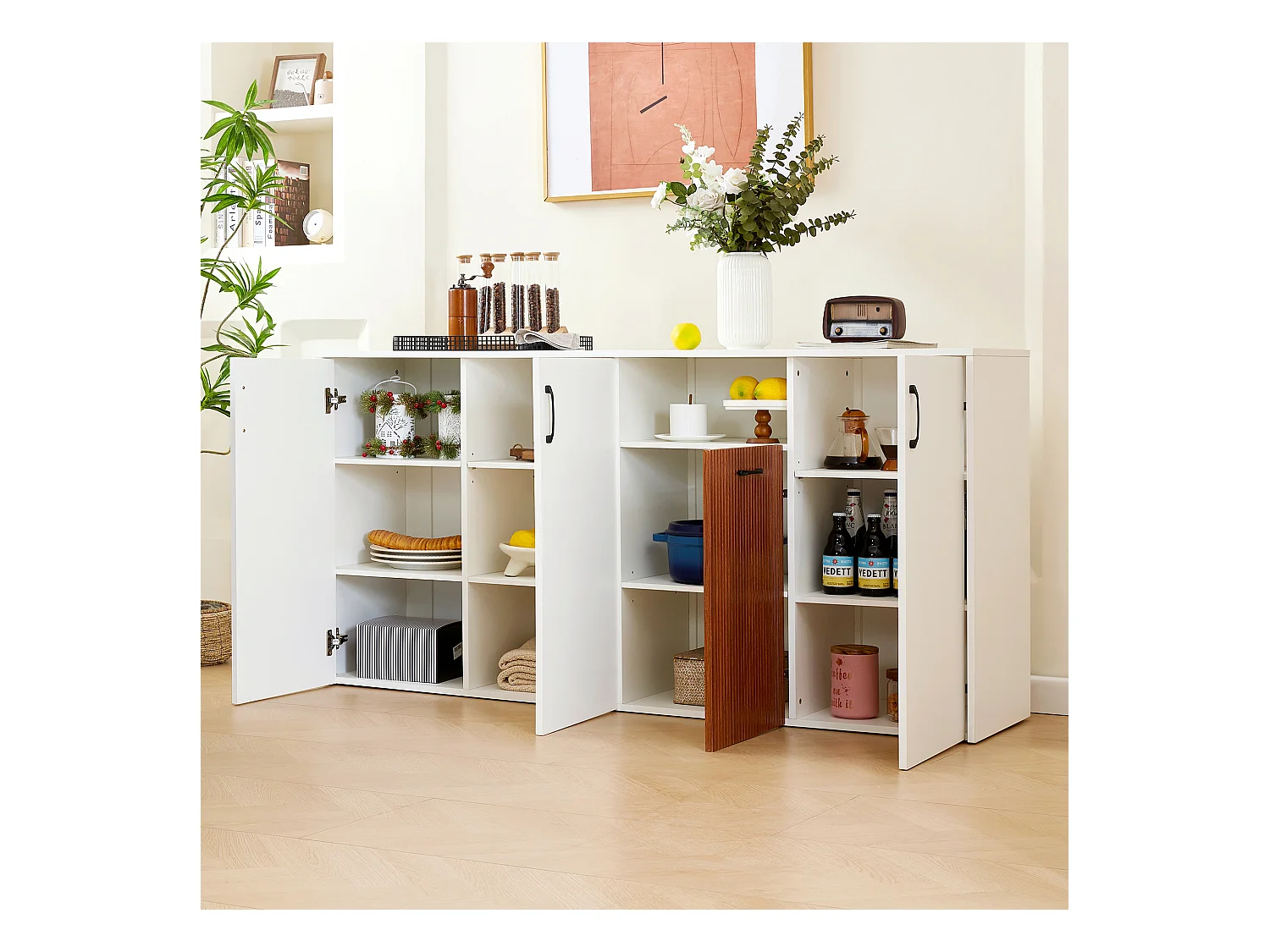 Buffet moderne 160x40x80cm - avec 4 portes - panneau de particules - Blanc+Marron