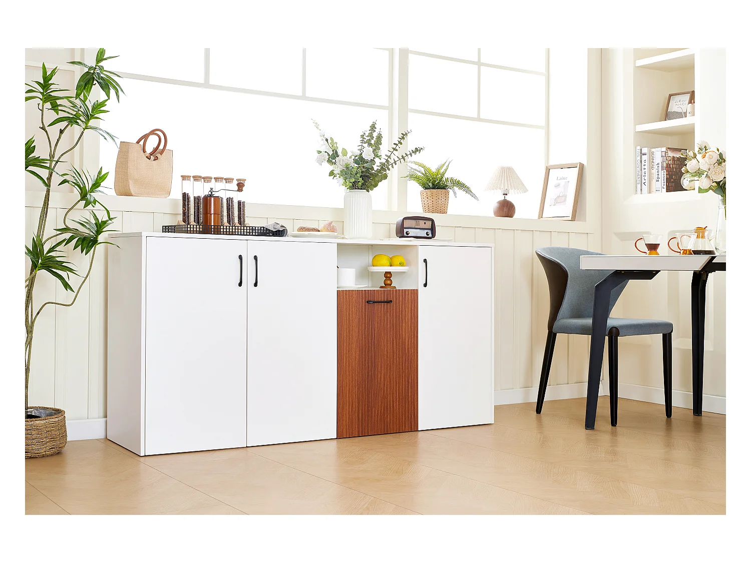 Buffet moderne 160x40x80cm - avec 4 portes - panneau de particules - Blanc+Marron