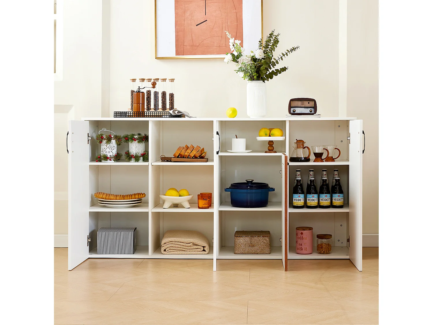 Moderne Anrichte 160x40x80 cm - mit 4 Türen - Spanplatte - Weiß+Braun