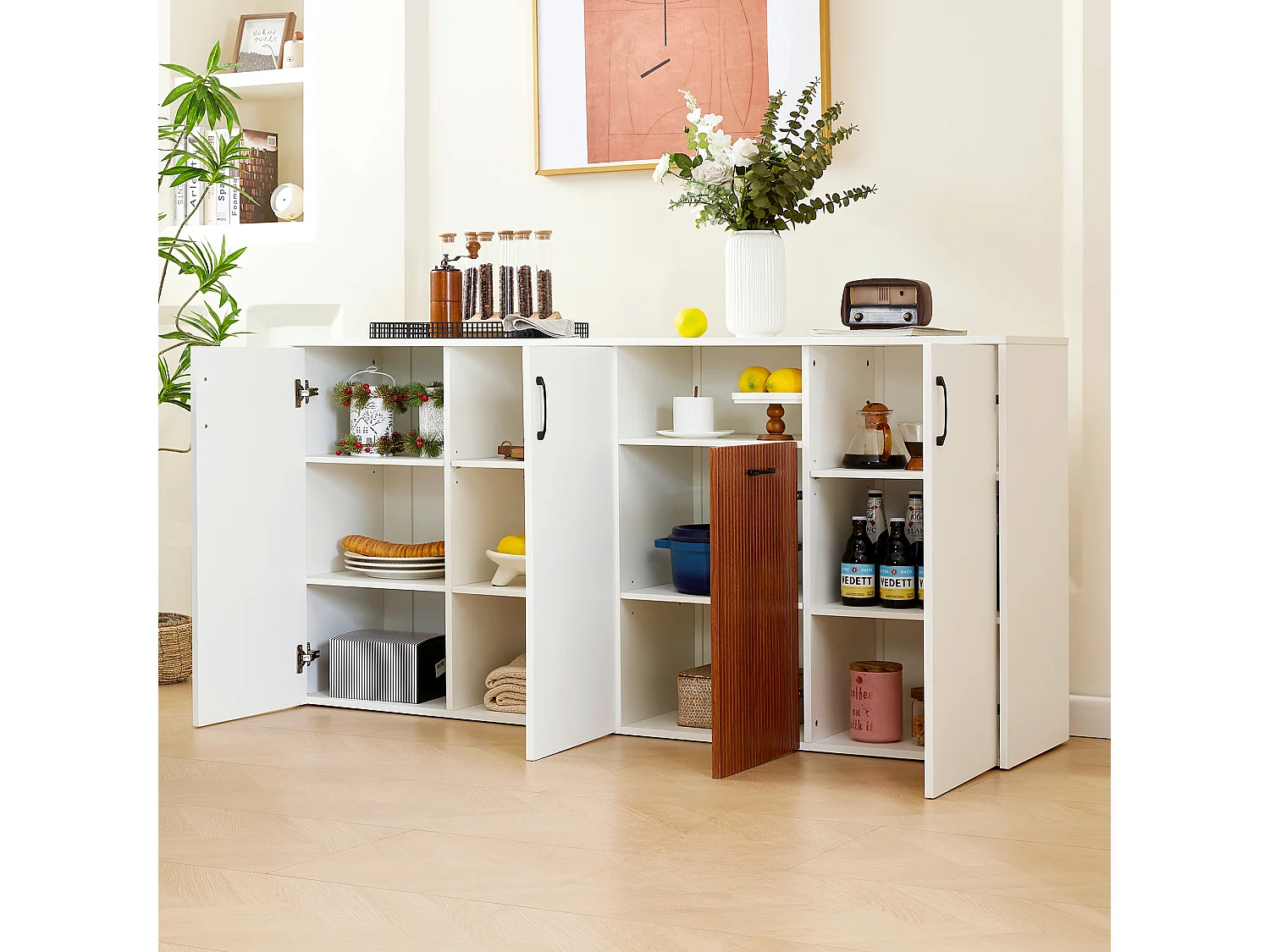 Moderne Anrichte 160x40x80 cm - mit 4 Türen - Spanplatte - Weiß+Braun