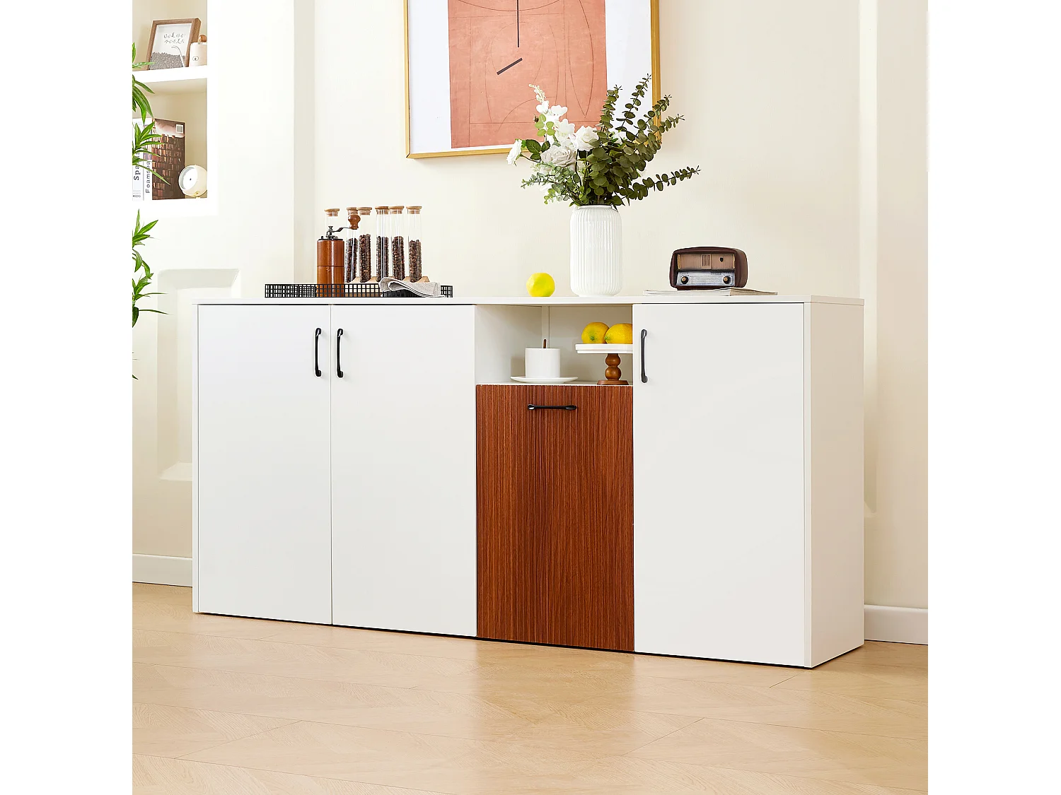 Moderne Anrichte 160x40x80 cm - mit 4 Türen - Spanplatte - Weiß+Braun