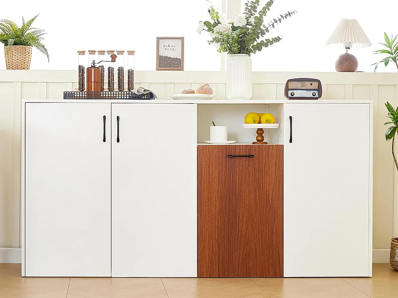 Modern buffet 160x40x80 cm - met 4 deuren - spaanplaat - Wit+Bruin