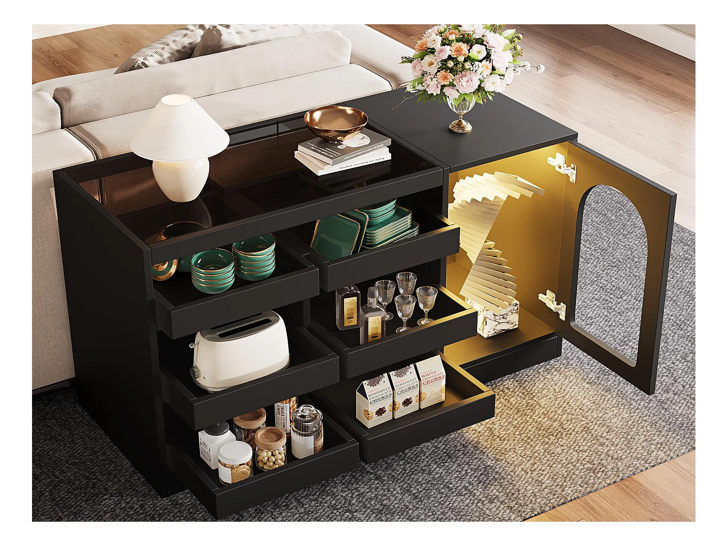 Buffet moderne 120x40x75cm - avec 6 tiroirs et 1 porte - avec LED - MDF - noir