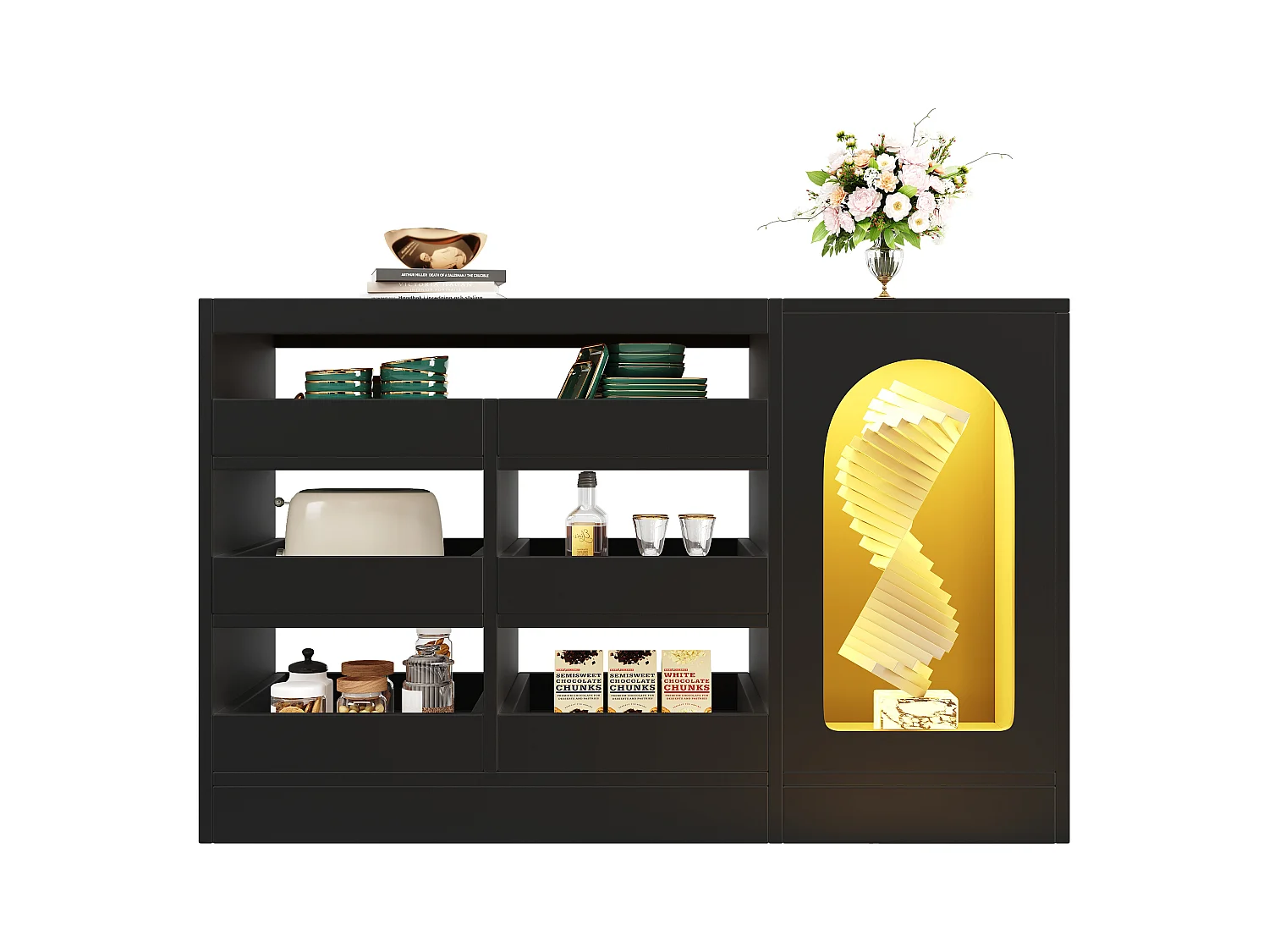 Buffet moderne 120x40x75cm - avec 6 tiroirs et 1 porte - avec LED - MDF - noir